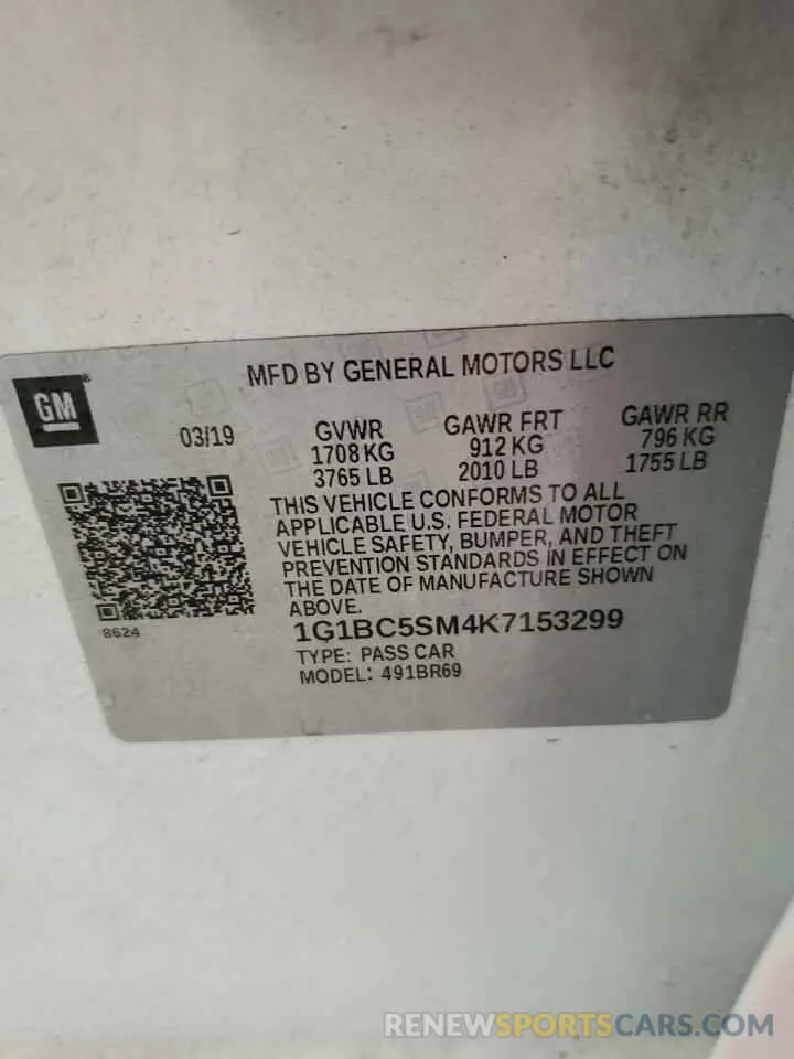 12 Photograph of a damaged car 1G1BC5SM4K7153299 CHEVROLET CRUZE 2019