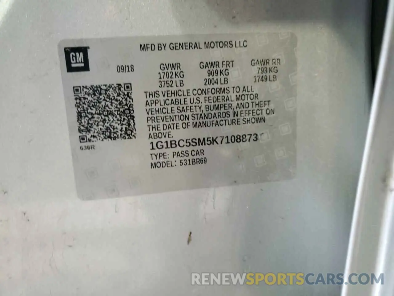 12 Photograph of a damaged car 1G1BC5SM5K7108873 CHEVROLET CRUZE 2019