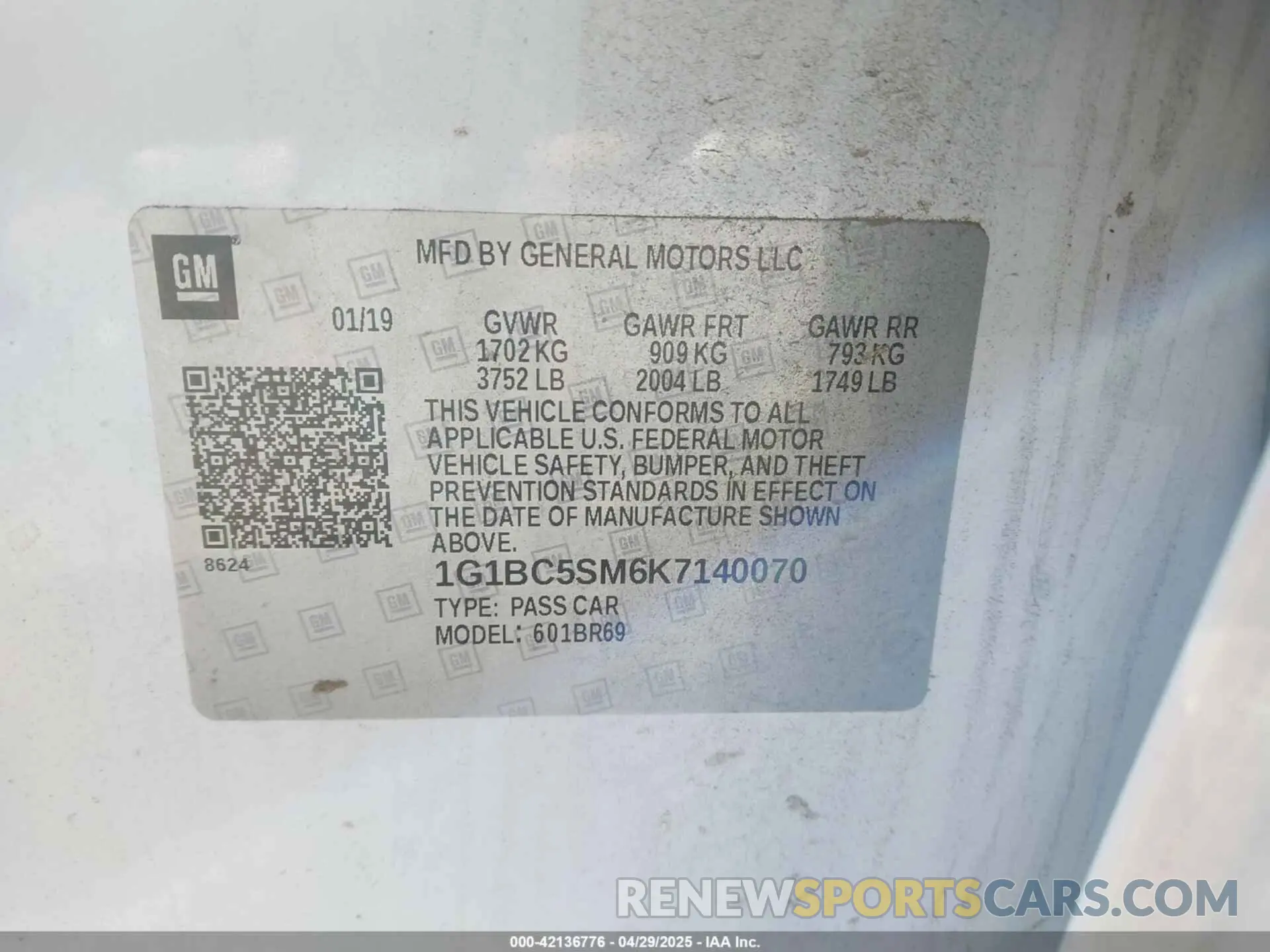 9 Photograph of a damaged car 1G1BC5SM6K7140070 CHEVROLET CRUZE 2019