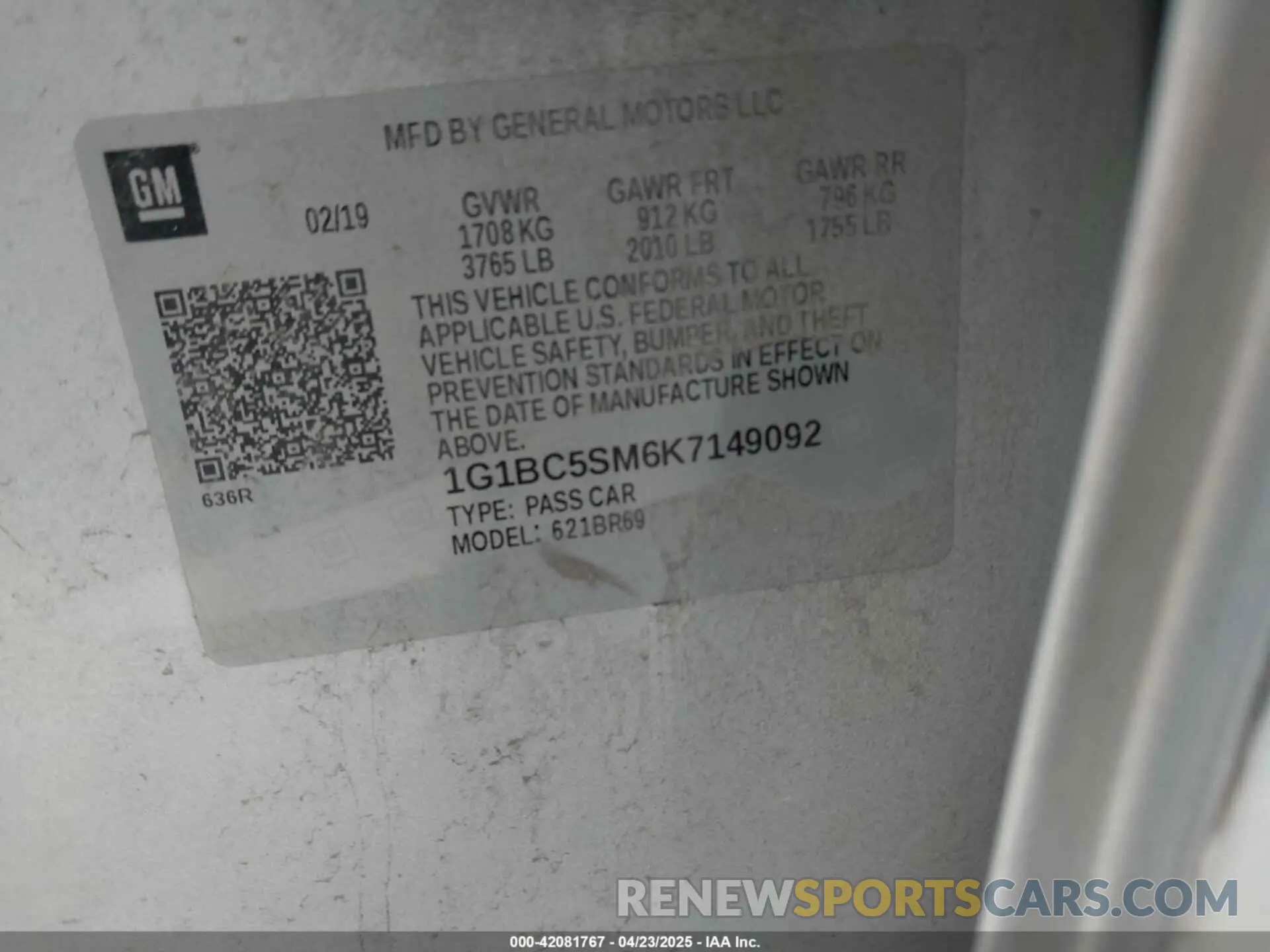 9 Photograph of a damaged car 1G1BC5SM6K7149092 CHEVROLET CRUZE 2019