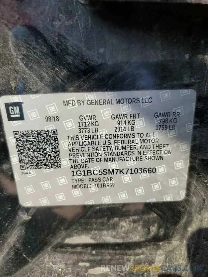12 Photograph of a damaged car 1G1BC5SM7K7103660 CHEVROLET CRUZE 2019