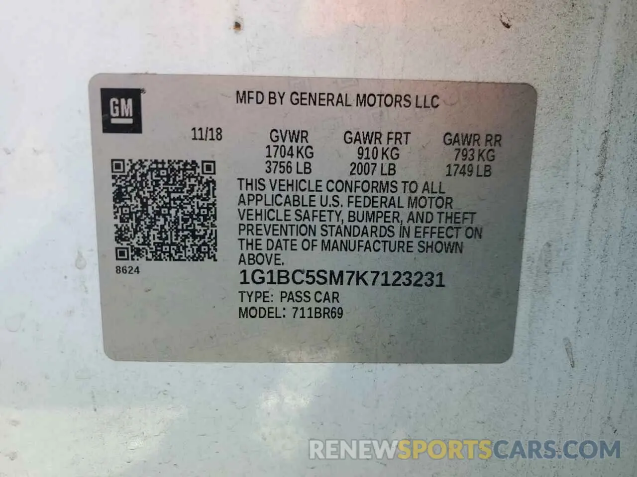 12 Photograph of a damaged car 1G1BC5SM7K7123231 CHEVROLET CRUZE 2019