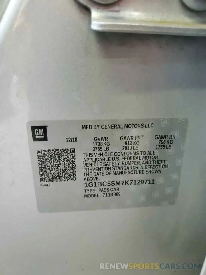 15 Photograph of a damaged car 1G1BC5SM7K7129711 CHEVROLET CRUZE 2019