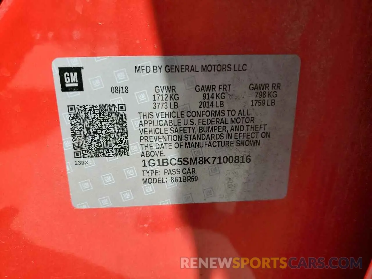 13 Photograph of a damaged car 1G1BC5SM8K7100816 CHEVROLET CRUZE 2019