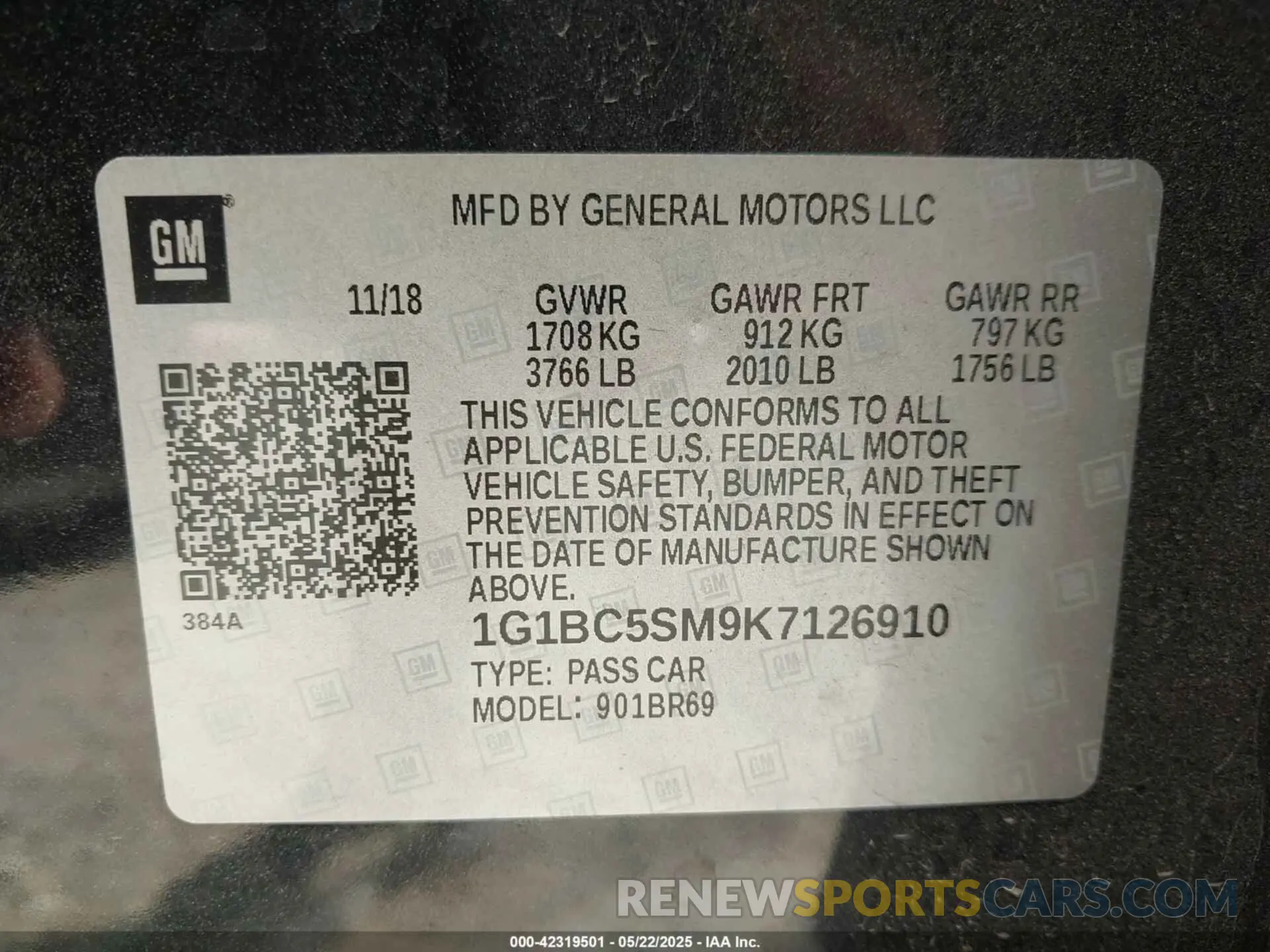 9 Photograph of a damaged car 1G1BC5SM9K7126910 CHEVROLET CRUZE 2019