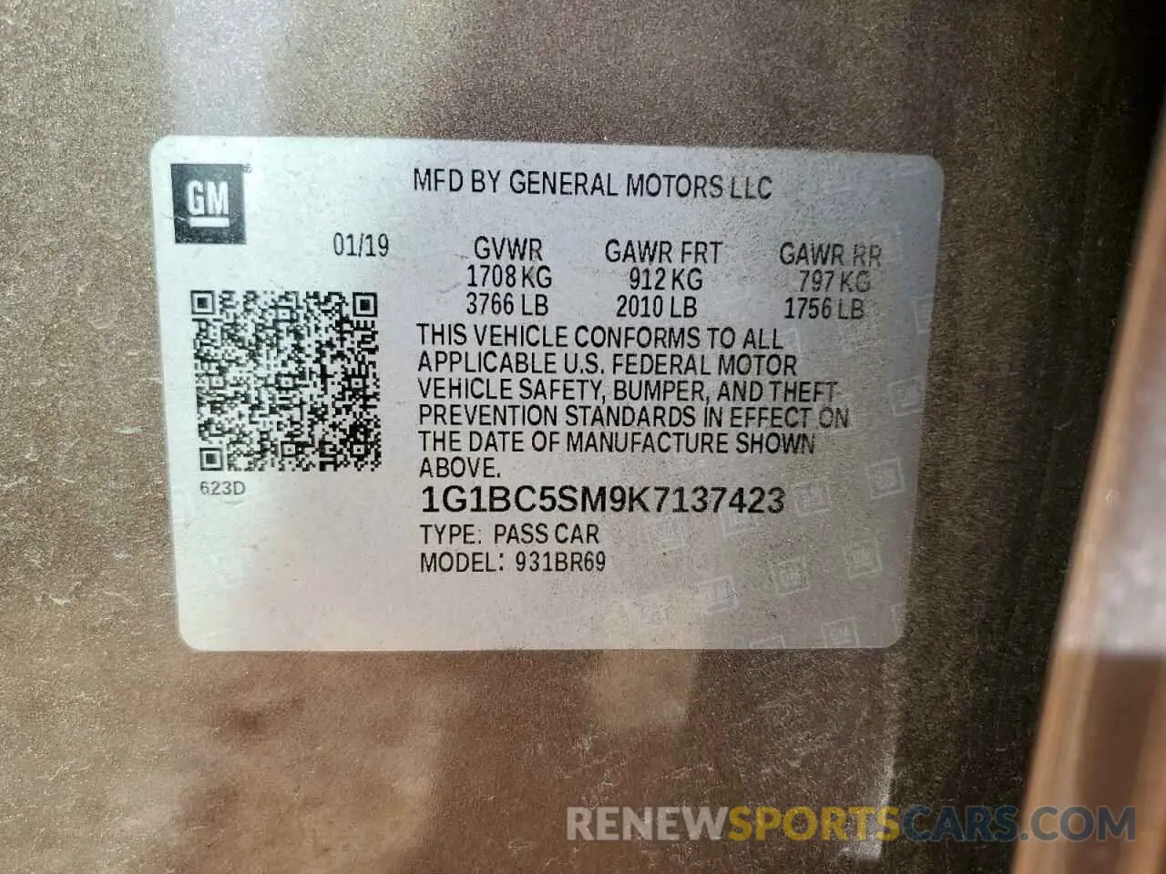 14 Photograph of a damaged car 1G1BC5SM9K7137423 CHEVROLET CRUZE 2019