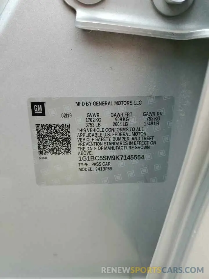 12 Photograph of a damaged car 1G1BC5SM9K7145554 CHEVROLET CRUZE 2019