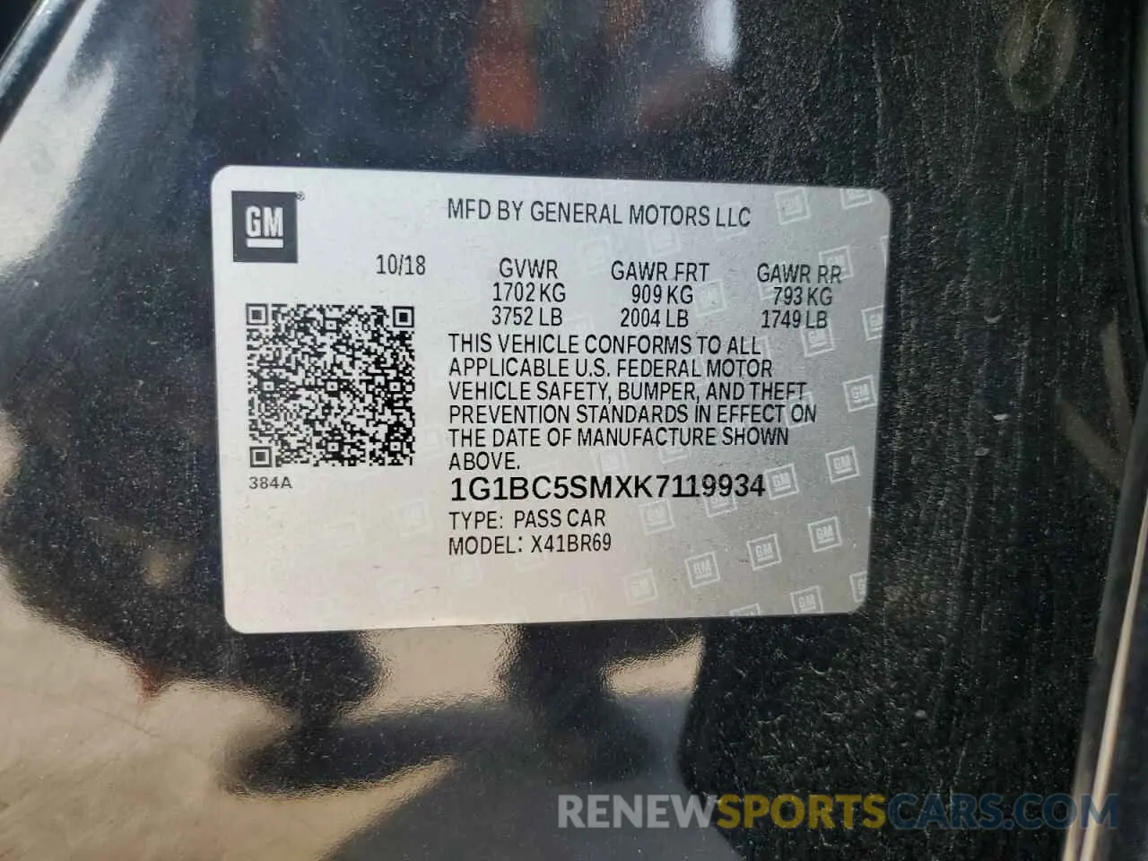 12 Photograph of a damaged car 1G1BC5SMXK7119934 CHEVROLET CRUZE 2019