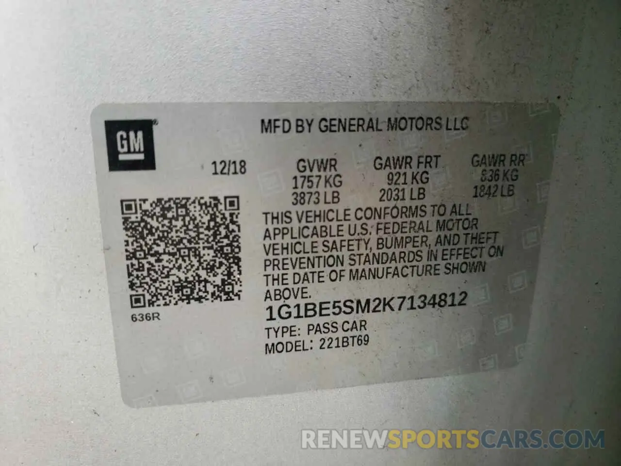 12 Photograph of a damaged car 1G1BE5SM2K7134812 CHEVROLET CRUZE 2019