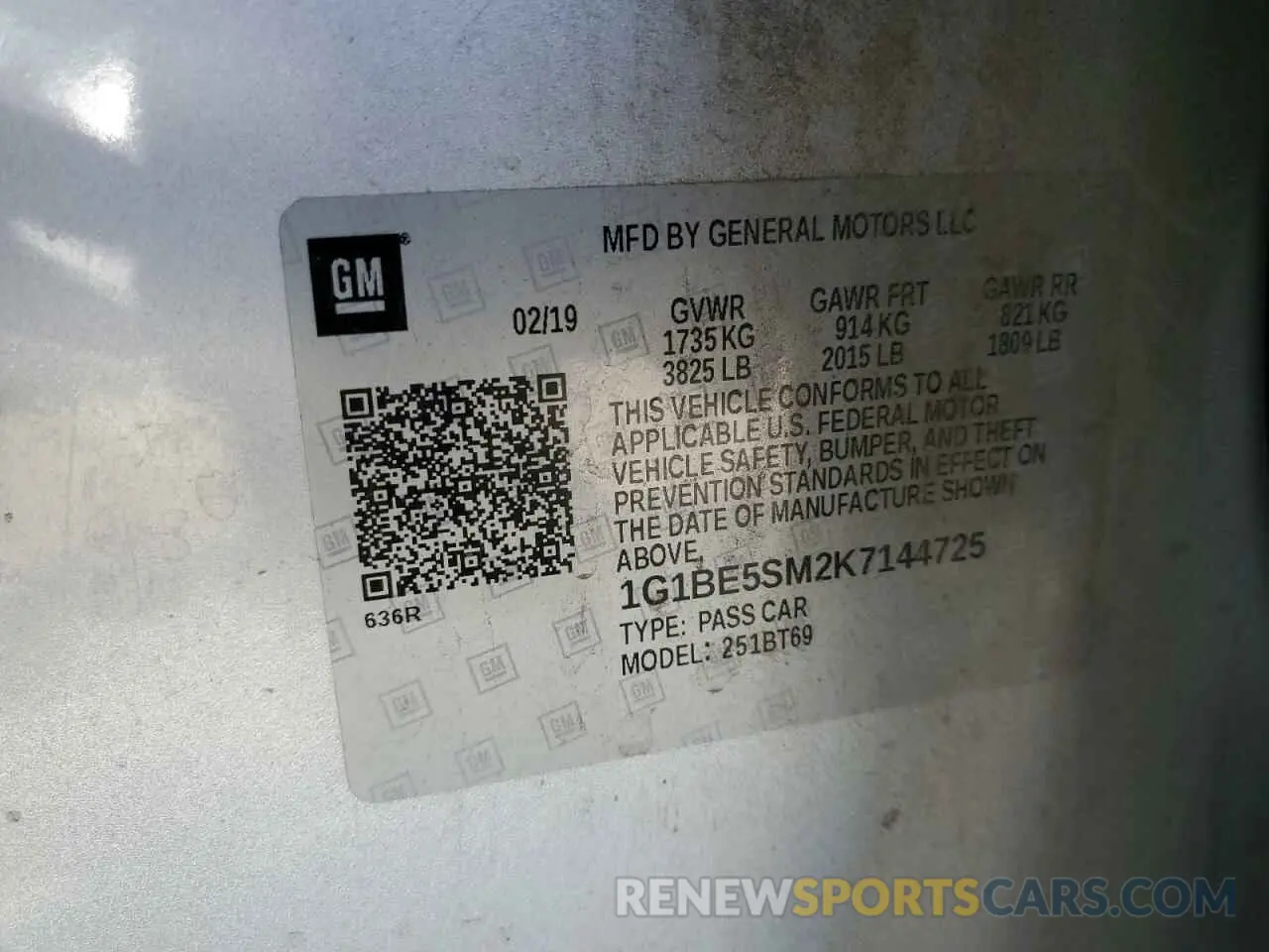 12 Photograph of a damaged car 1G1BE5SM2K7144725 CHEVROLET CRUZE 2019