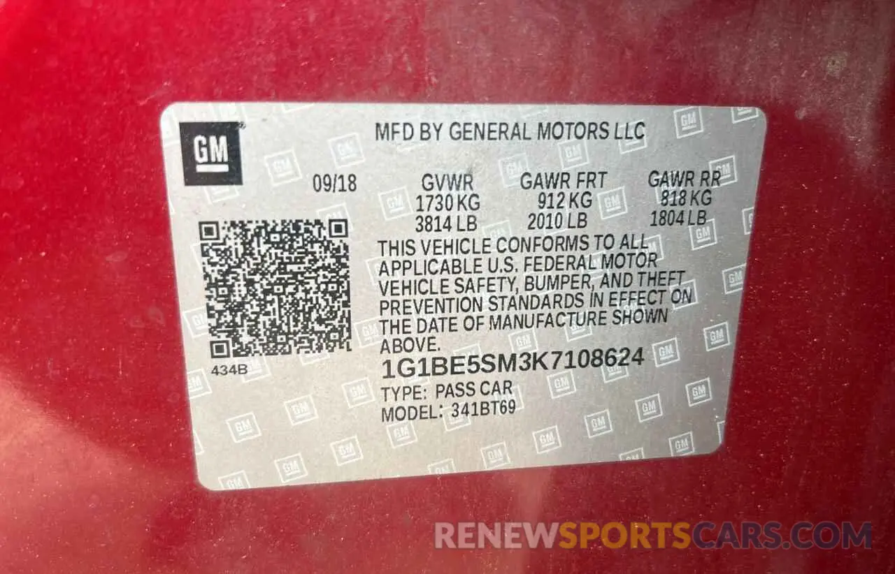 10 Photograph of a damaged car 1G1BE5SM3K7108624 CHEVROLET CRUZE 2019