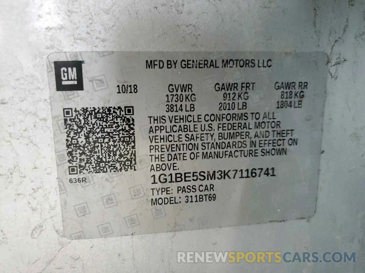 13 Photograph of a damaged car 1G1BE5SM3K7116741 CHEVROLET CRUZE 2019