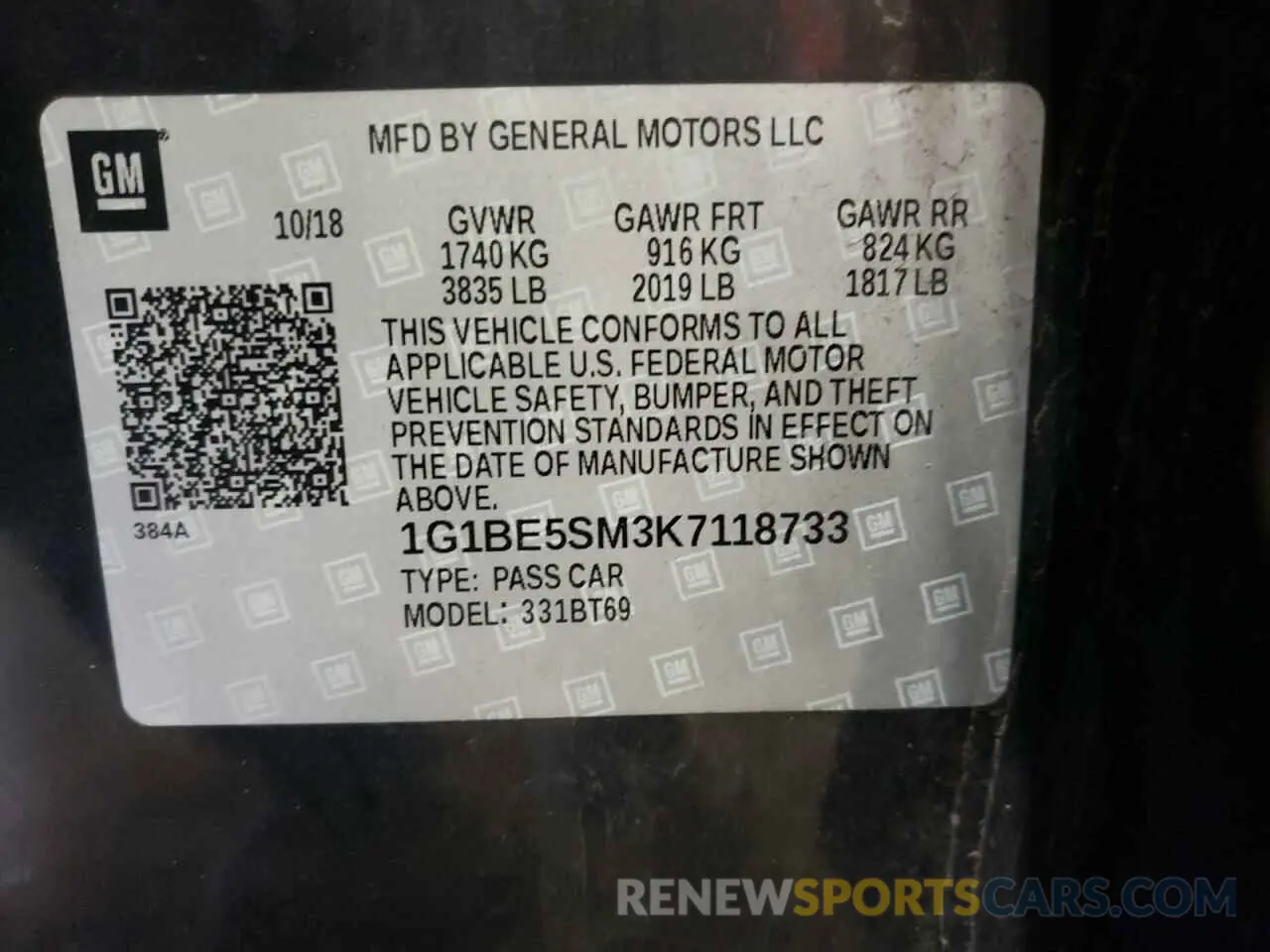 12 Photograph of a damaged car 1G1BE5SM3K7118733 CHEVROLET CRUZE 2019