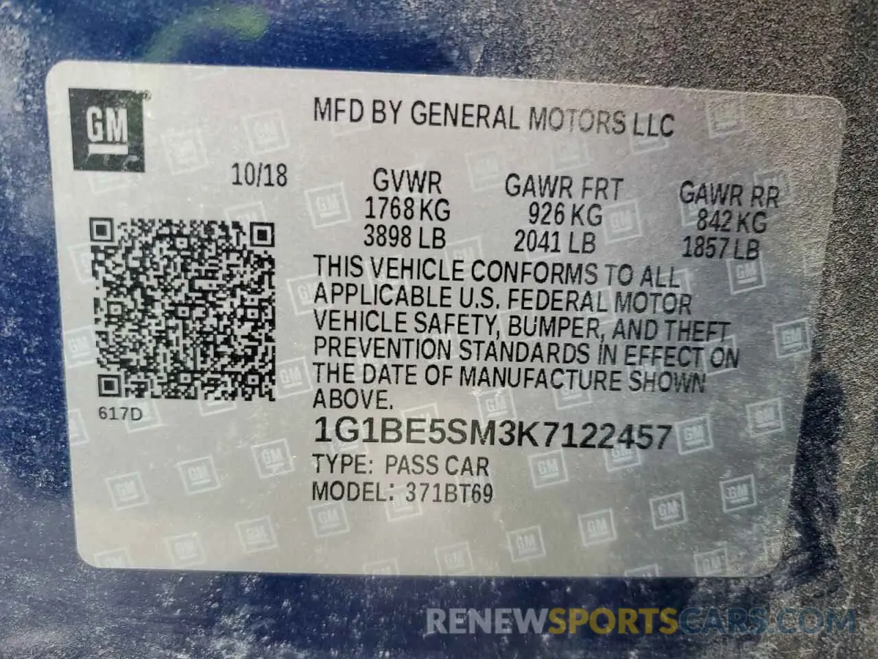 12 Photograph of a damaged car 1G1BE5SM3K7122457 CHEVROLET CRUZE 2019