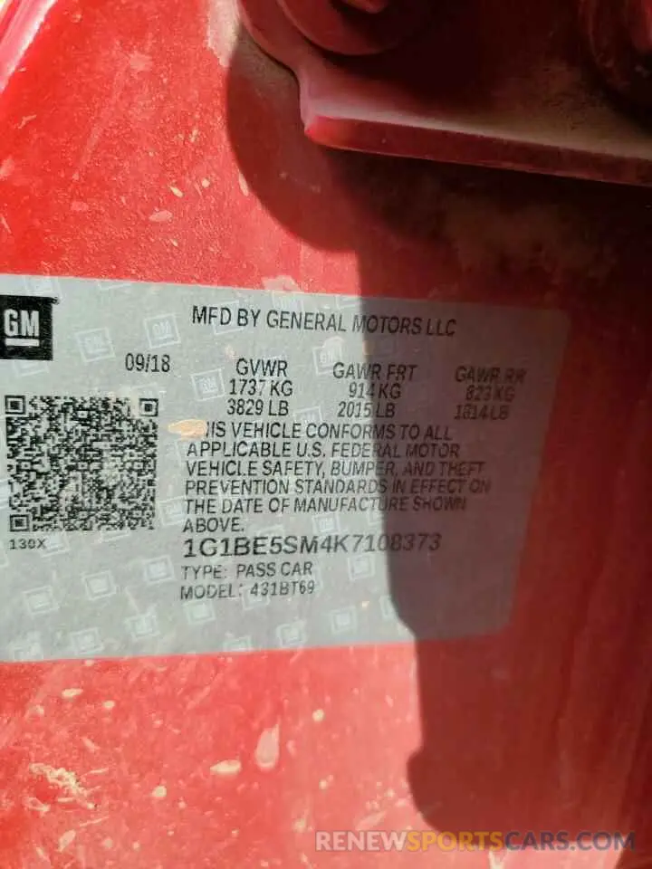 12 Photograph of a damaged car 1G1BE5SM4K7108373 CHEVROLET CRUZE 2019