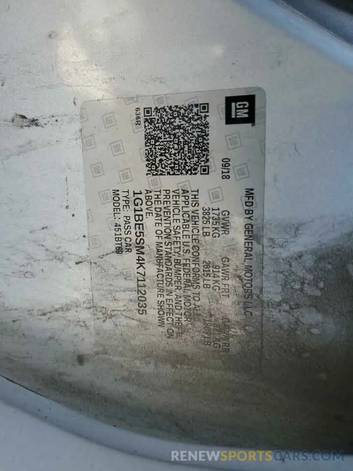 14 Photograph of a damaged car 1G1BE5SM4K7112035 CHEVROLET CRUZE 2019