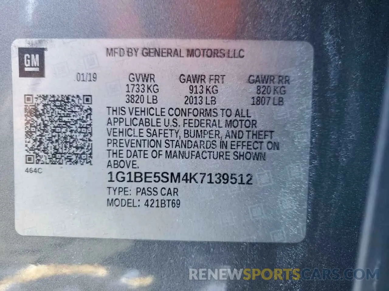 12 Photograph of a damaged car 1G1BE5SM4K7139512 CHEVROLET CRUZE 2019
