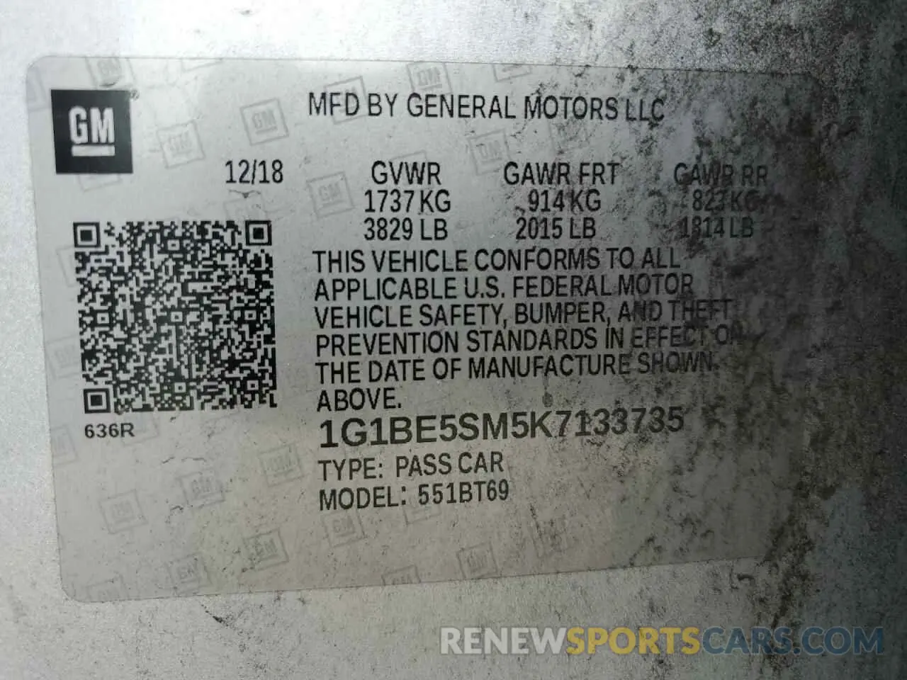 12 Photograph of a damaged car 1G1BE5SM5K7133735 CHEVROLET CRUZE 2019