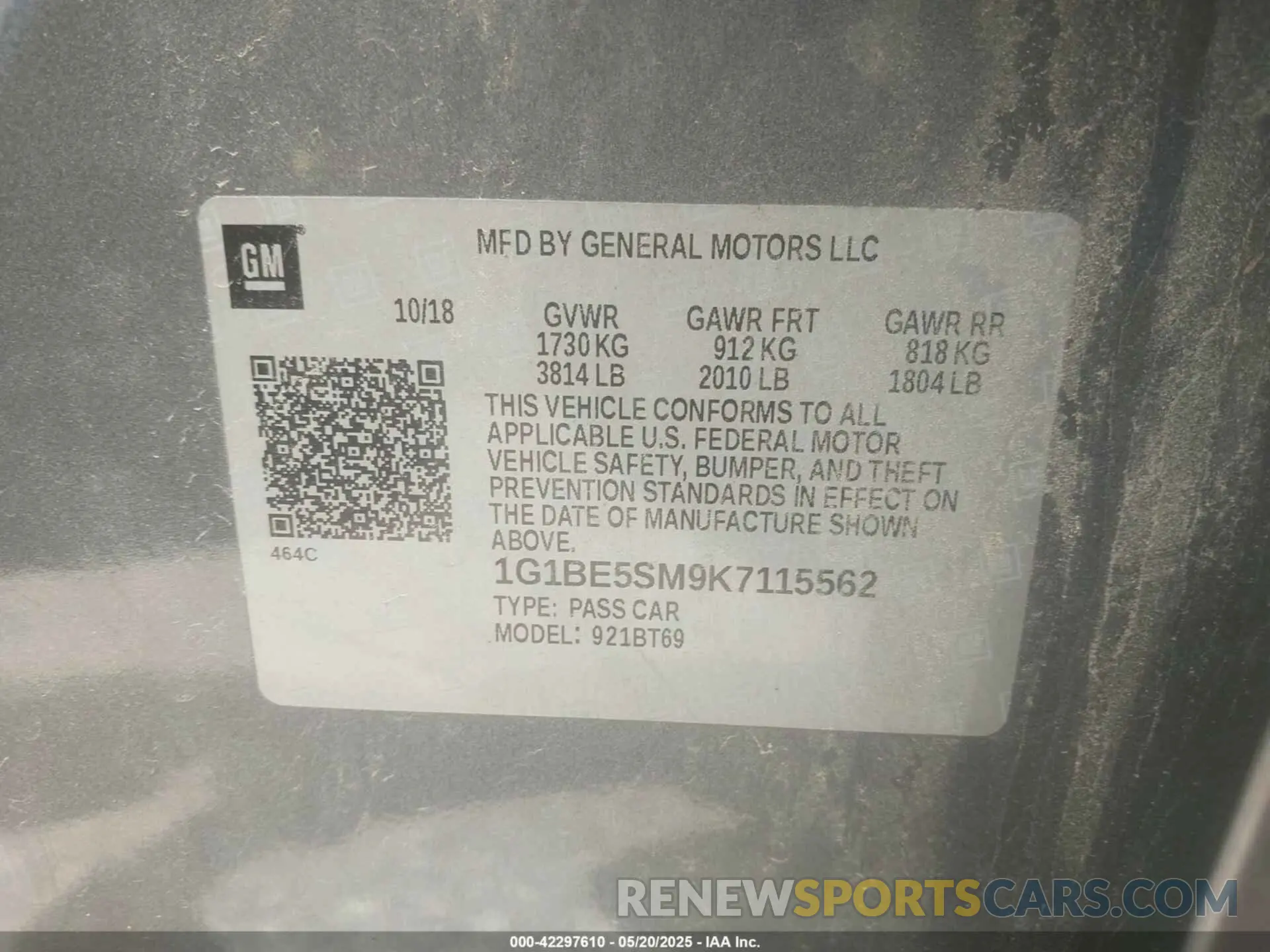 9 Photograph of a damaged car 1G1BE5SM9K7115562 CHEVROLET CRUZE 2019