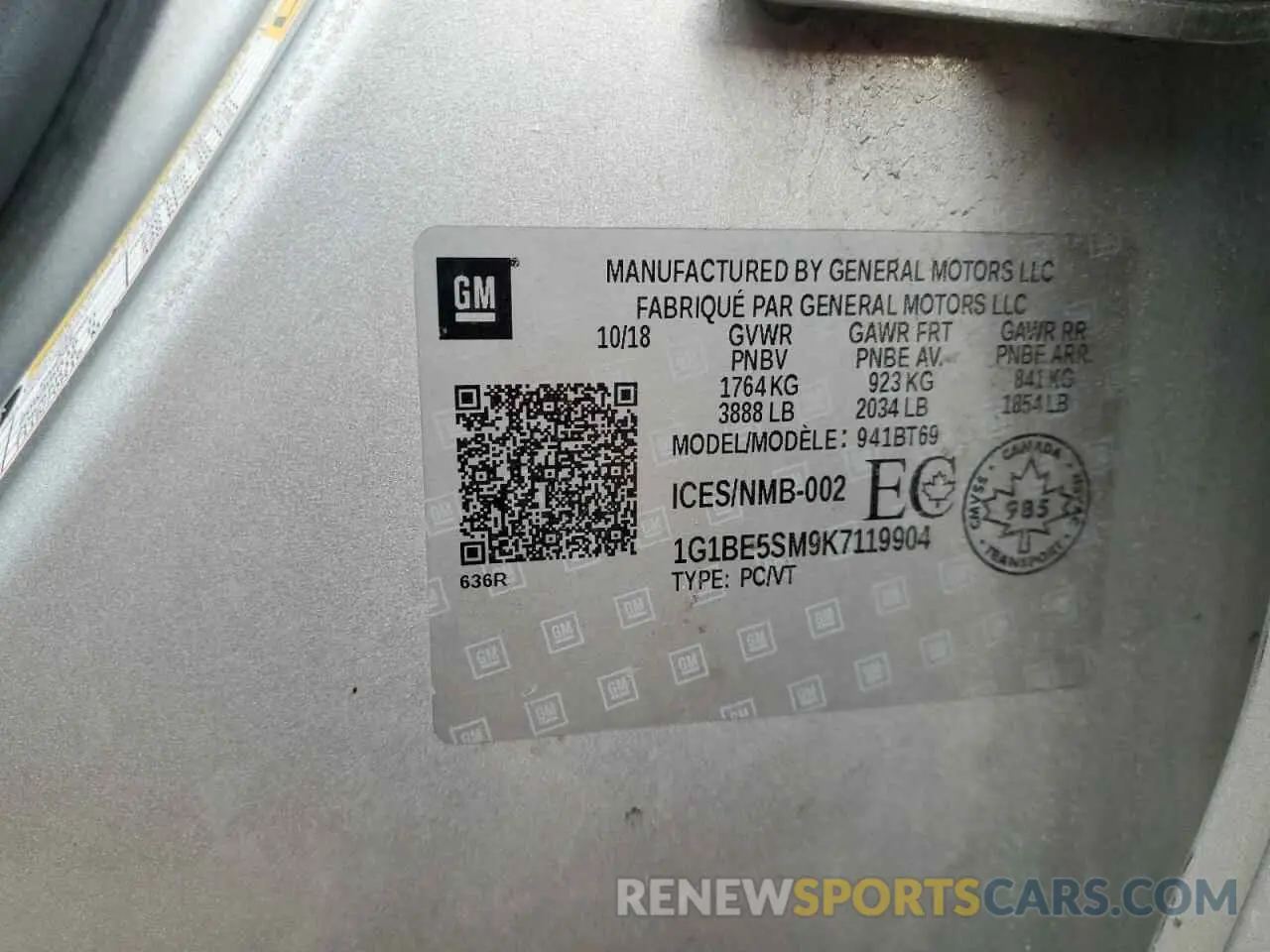 14 Photograph of a damaged car 1G1BE5SM9K7119904 CHEVROLET CRUZE 2019