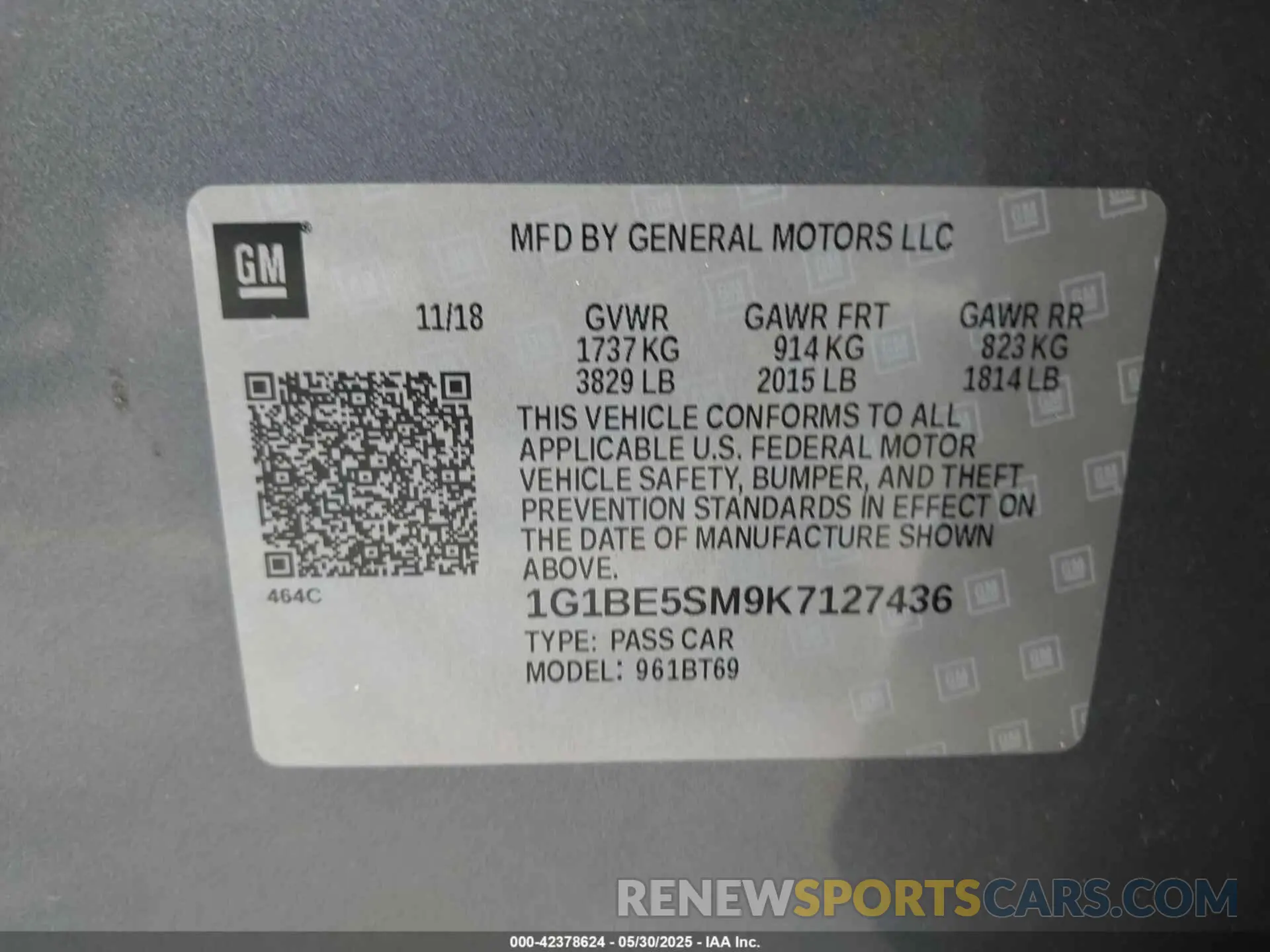 9 Photograph of a damaged car 1G1BE5SM9K7127436 CHEVROLET CRUZE 2019