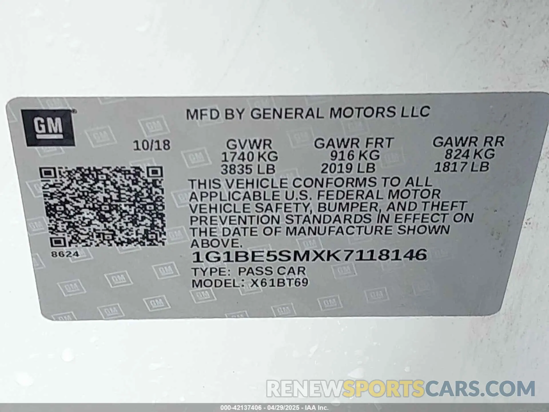 9 Photograph of a damaged car 1G1BE5SMXK7118146 CHEVROLET CRUZE 2019