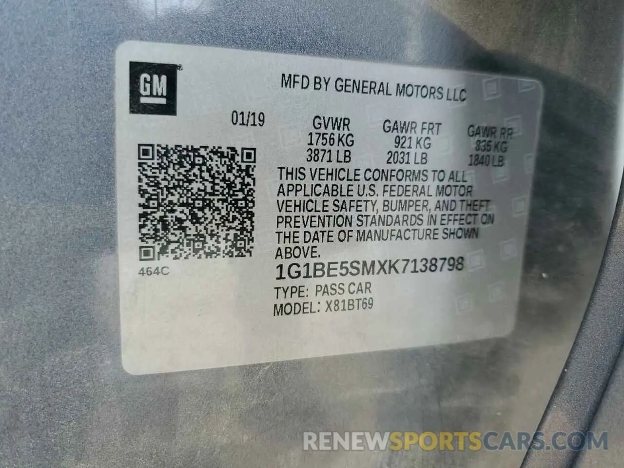 13 Photograph of a damaged car 1G1BE5SMXK7138798 CHEVROLET CRUZE 2019