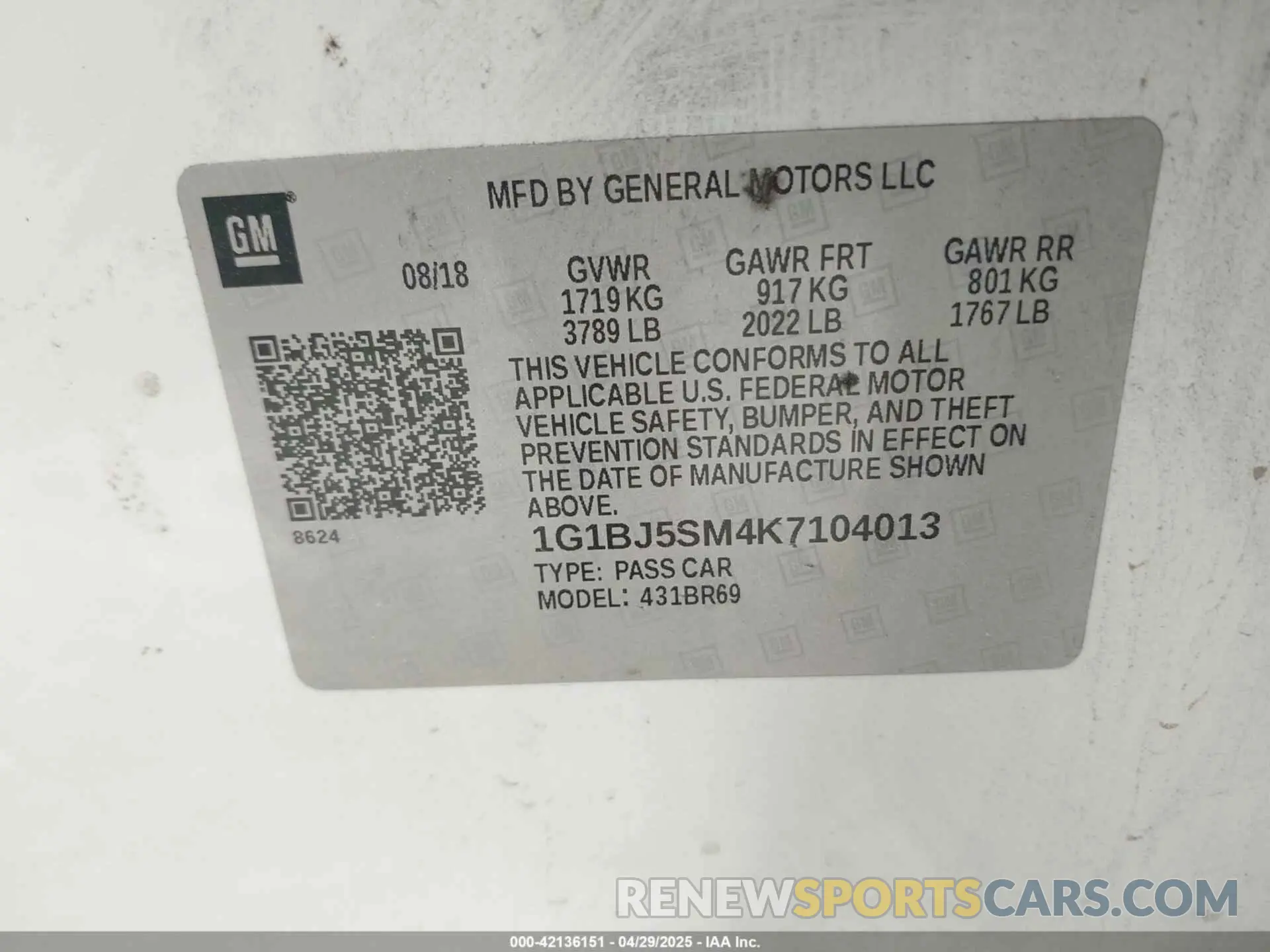 9 Photograph of a damaged car 1G1BJ5SM4K7104013 CHEVROLET CRUZE 2019