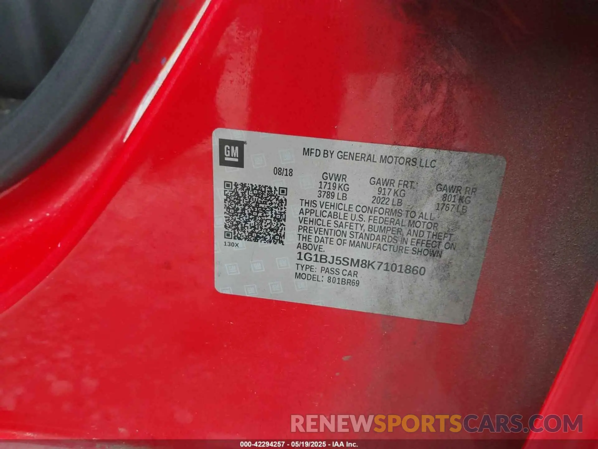 9 Photograph of a damaged car 1G1BJ5SM8K7101860 CHEVROLET CRUZE 2019