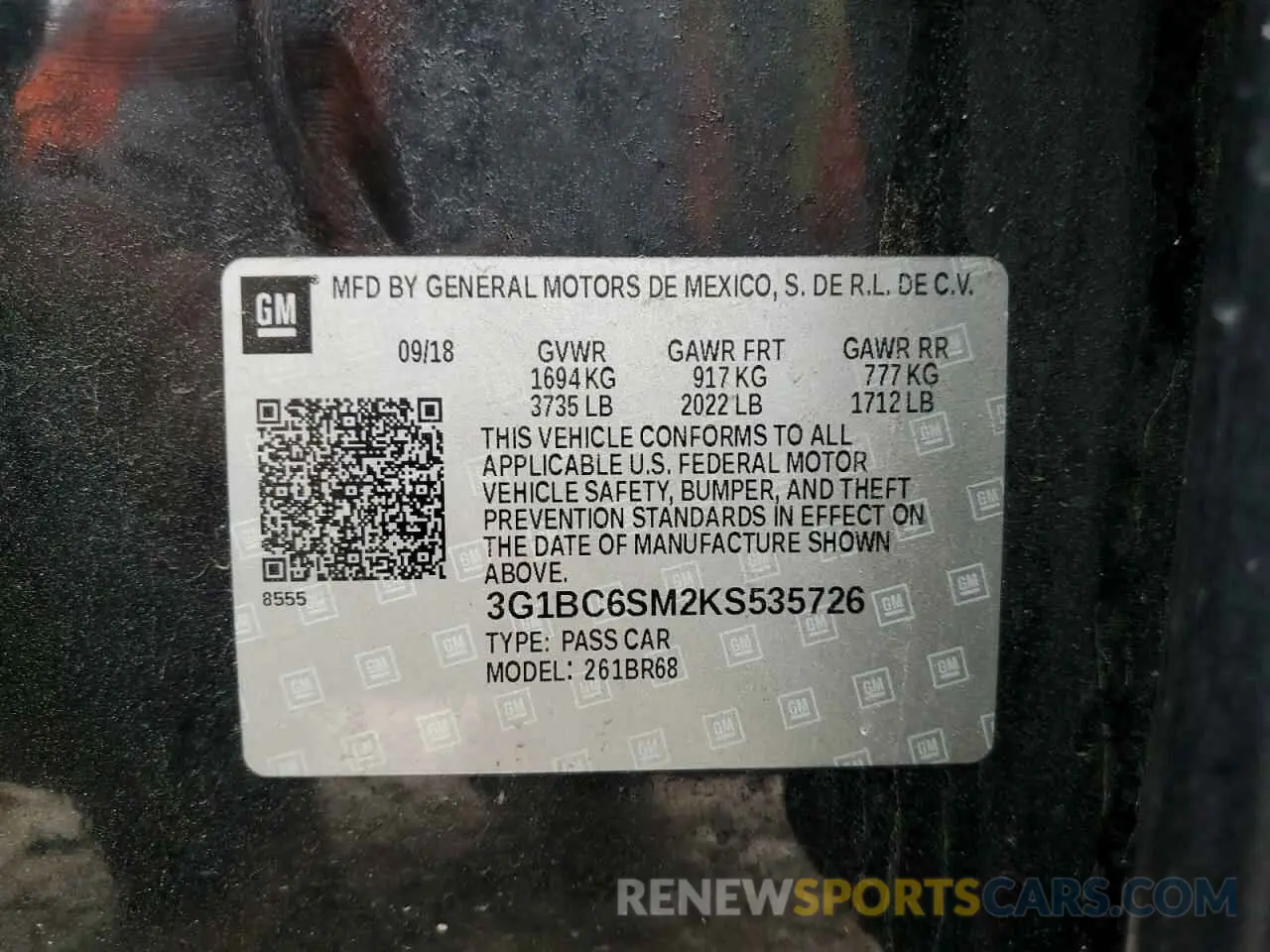 12 Photograph of a damaged car 3G1BC6SM2KS535726 CHEVROLET CRUZE 2019