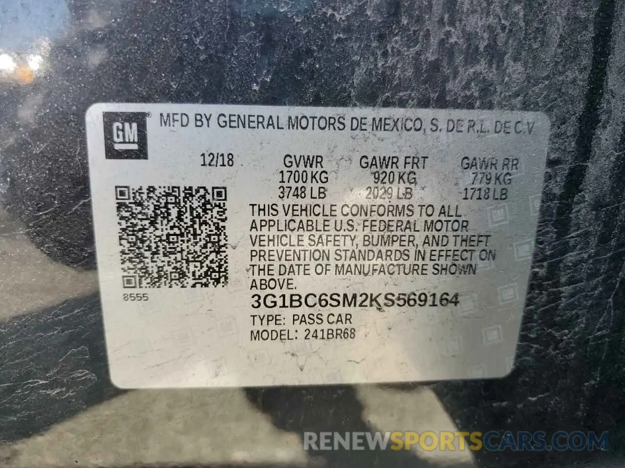 12 Photograph of a damaged car 3G1BC6SM2KS569164 CHEVROLET CRUZE 2019