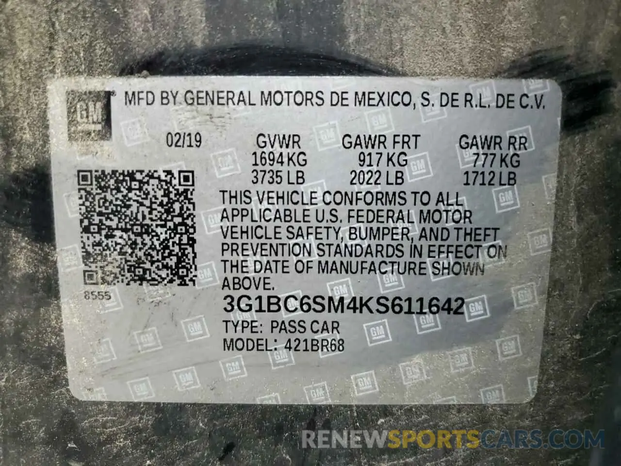 13 Photograph of a damaged car 3G1BC6SM4KS611642 CHEVROLET CRUZE 2019