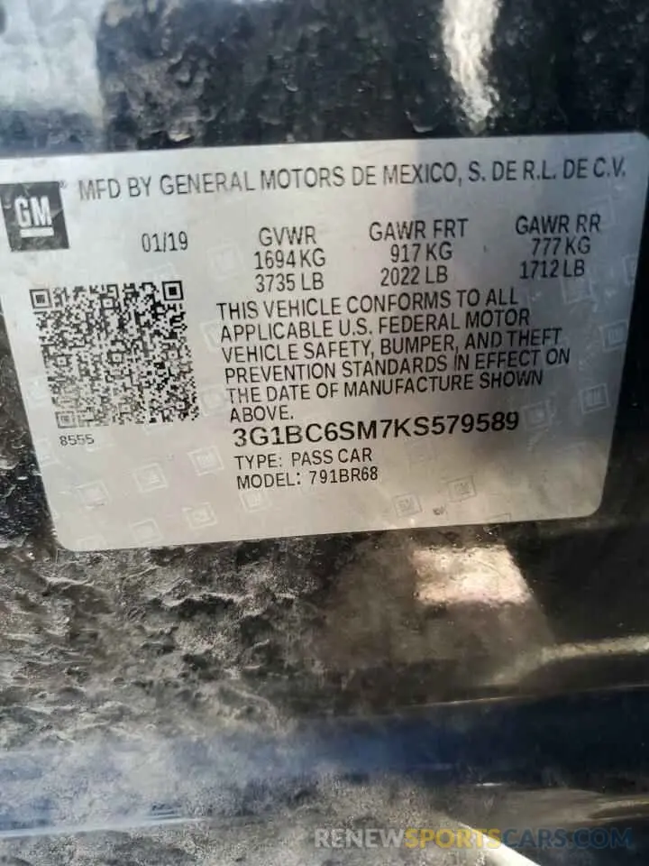 12 Photograph of a damaged car 3G1BC6SM7KS579589 CHEVROLET CRUZE 2019