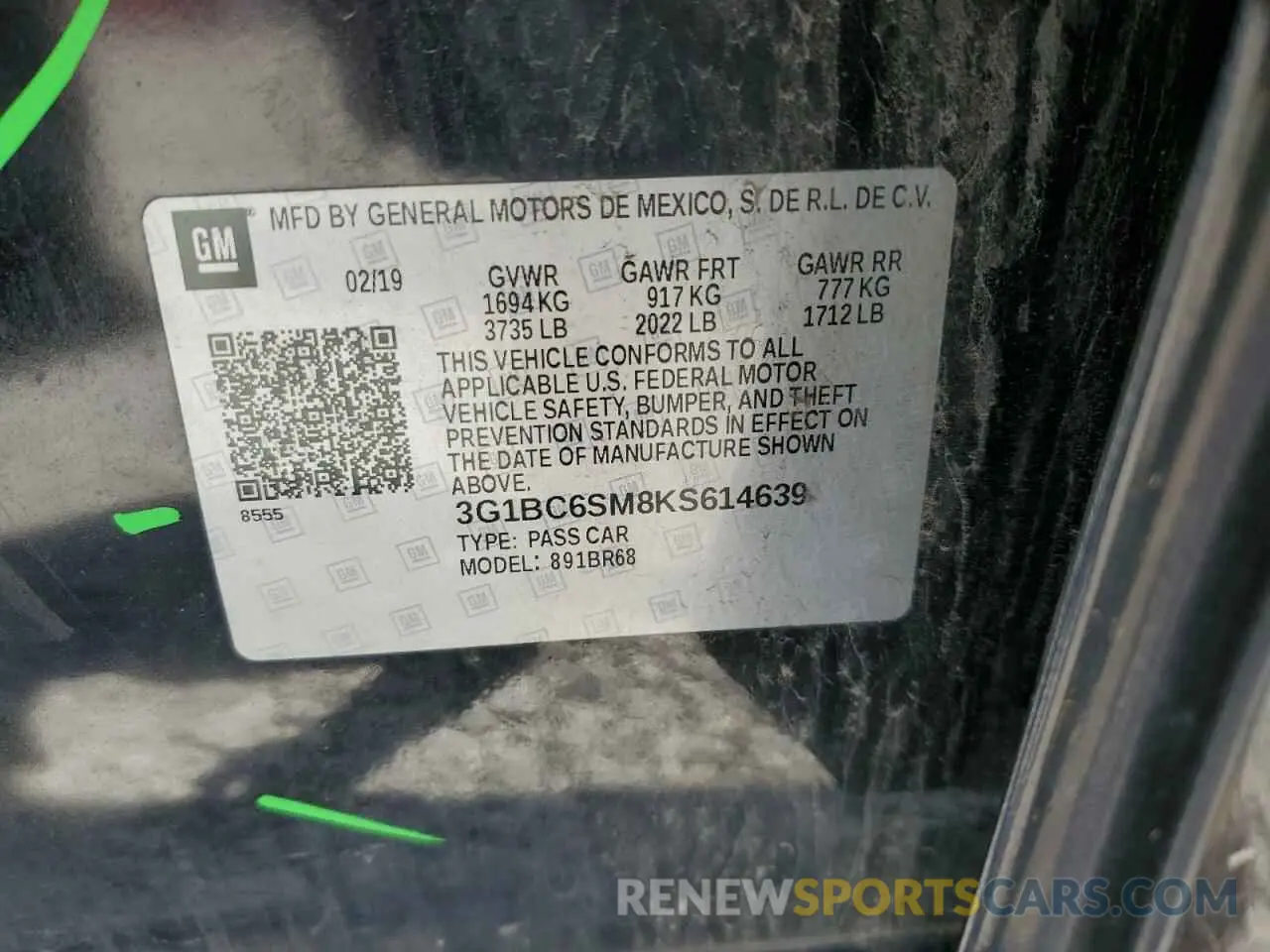 12 Photograph of a damaged car 3G1BC6SM8KS614639 CHEVROLET CRUZE 2019