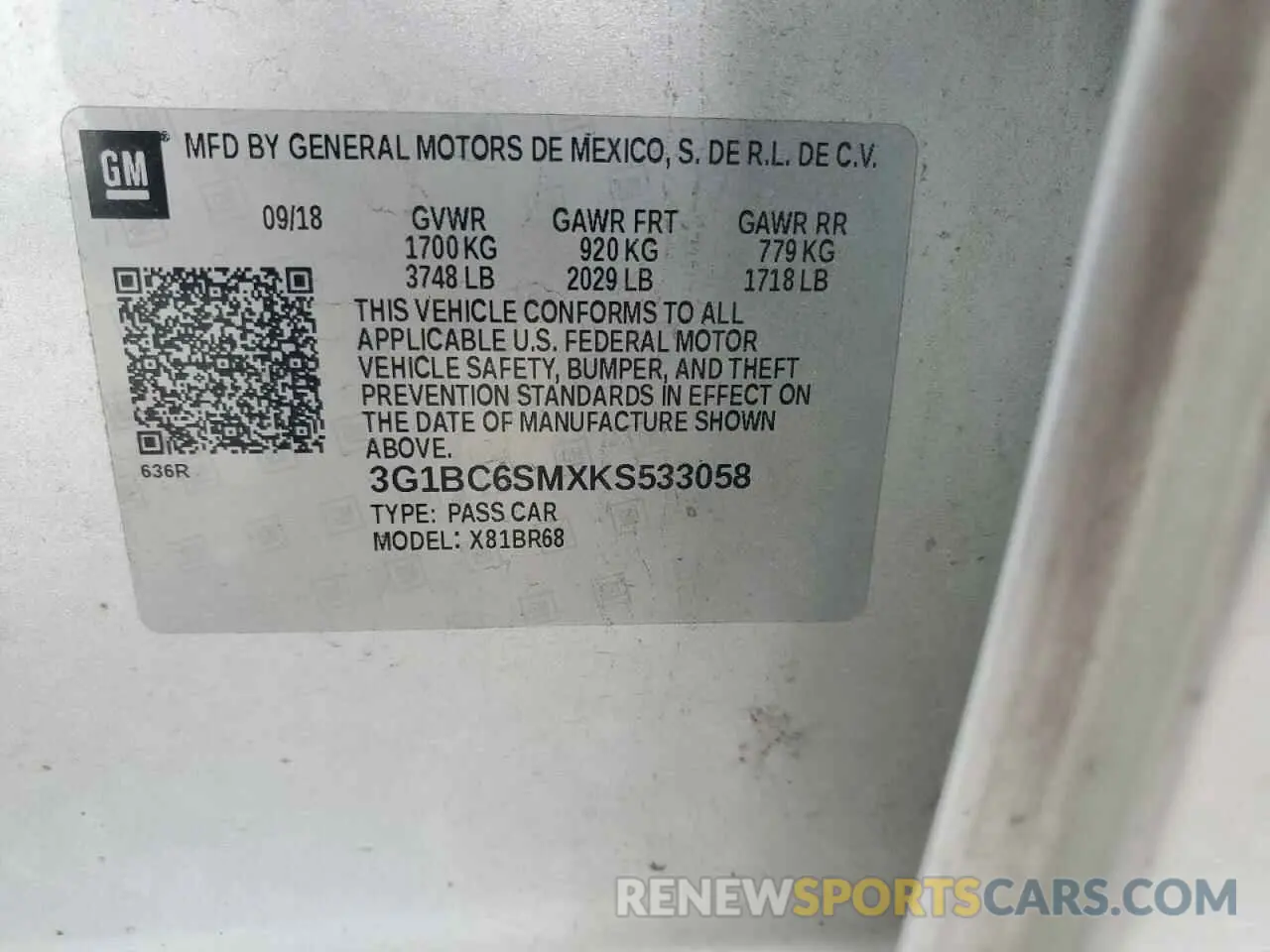 12 Photograph of a damaged car 3G1BC6SMXKS533058 CHEVROLET CRUZE 2019