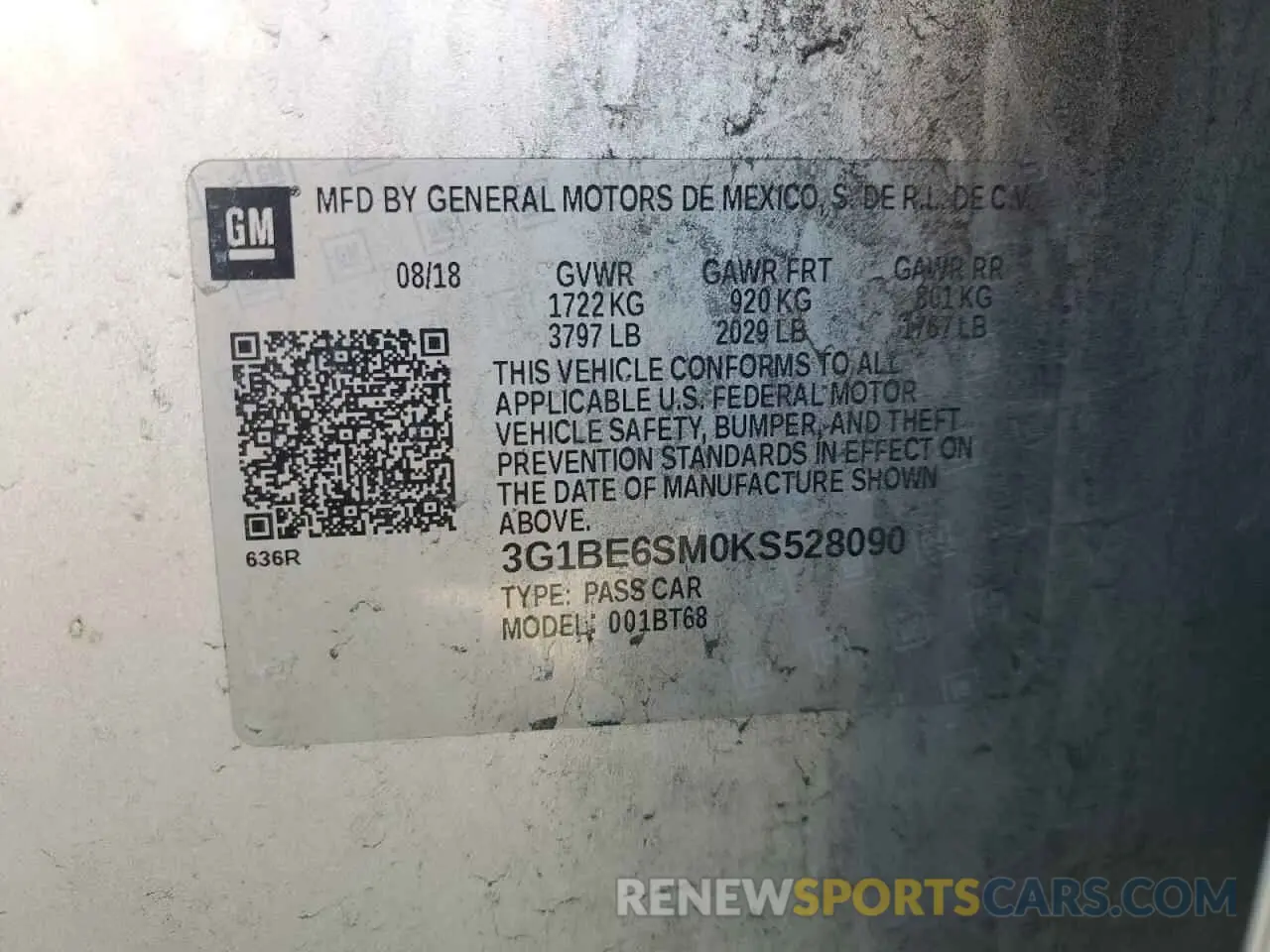 12 Photograph of a damaged car 3G1BE6SM0KS528090 CHEVROLET CRUZE 2019