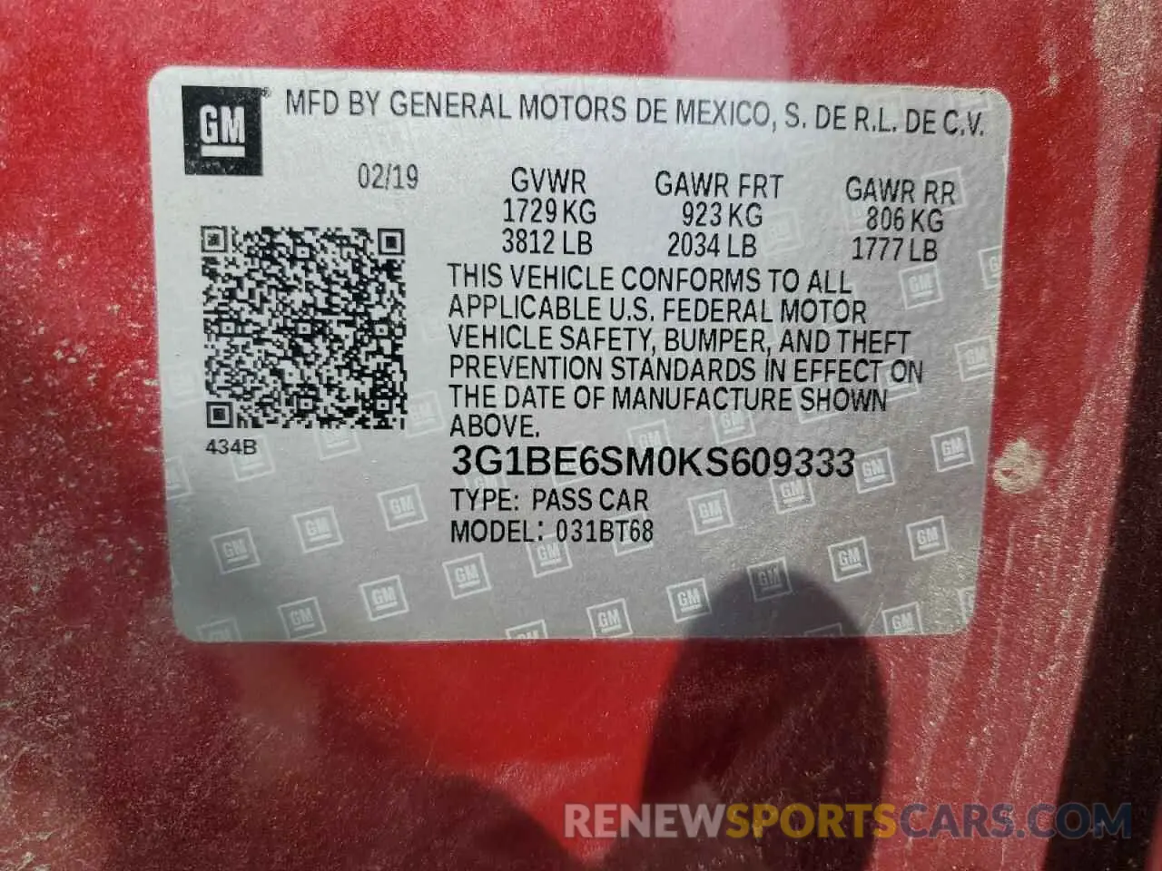 12 Photograph of a damaged car 3G1BE6SM0KS609333 CHEVROLET CRUZE 2019