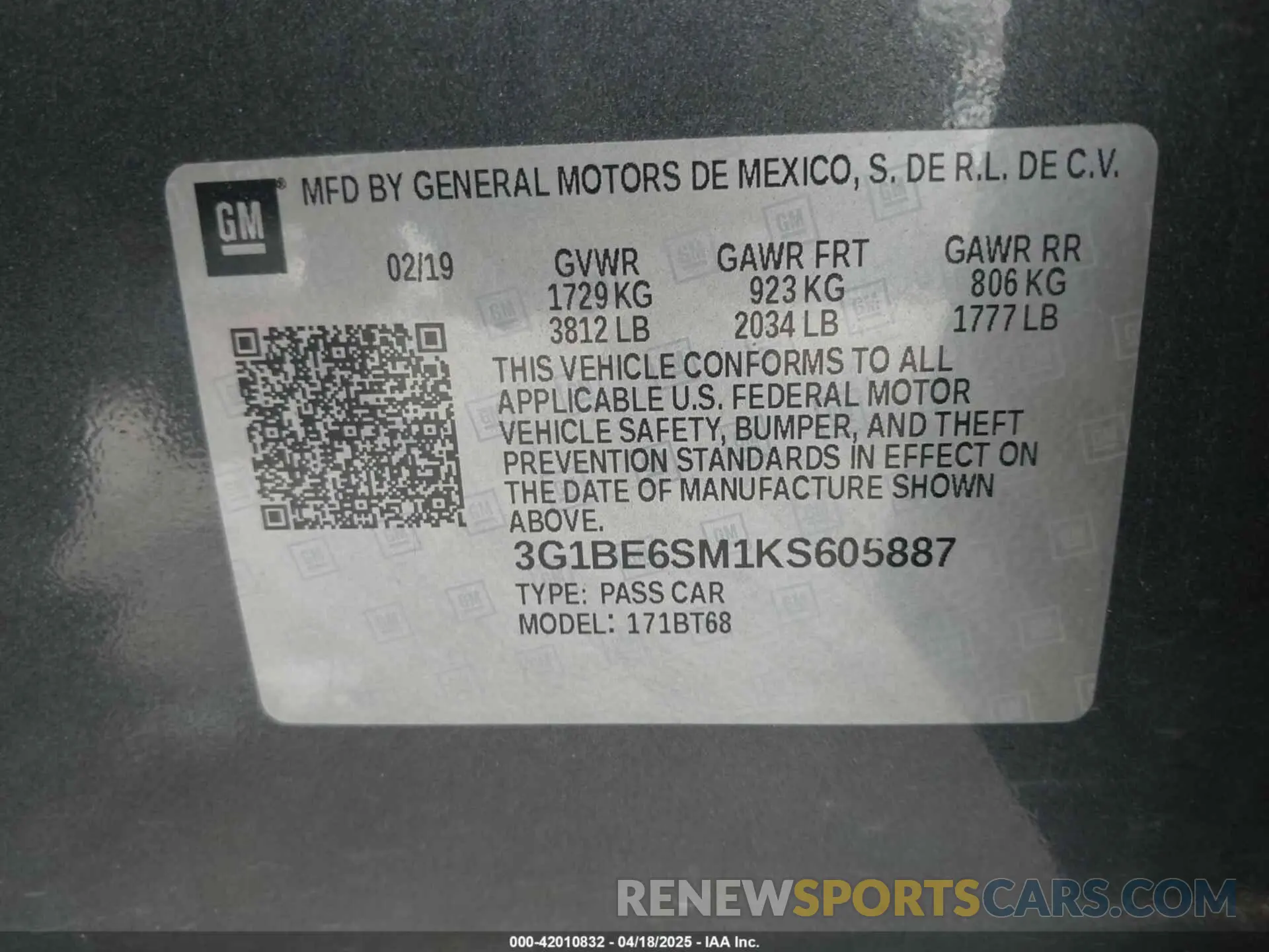9 Photograph of a damaged car 3G1BE6SM1KS605887 CHEVROLET CRUZE 2019