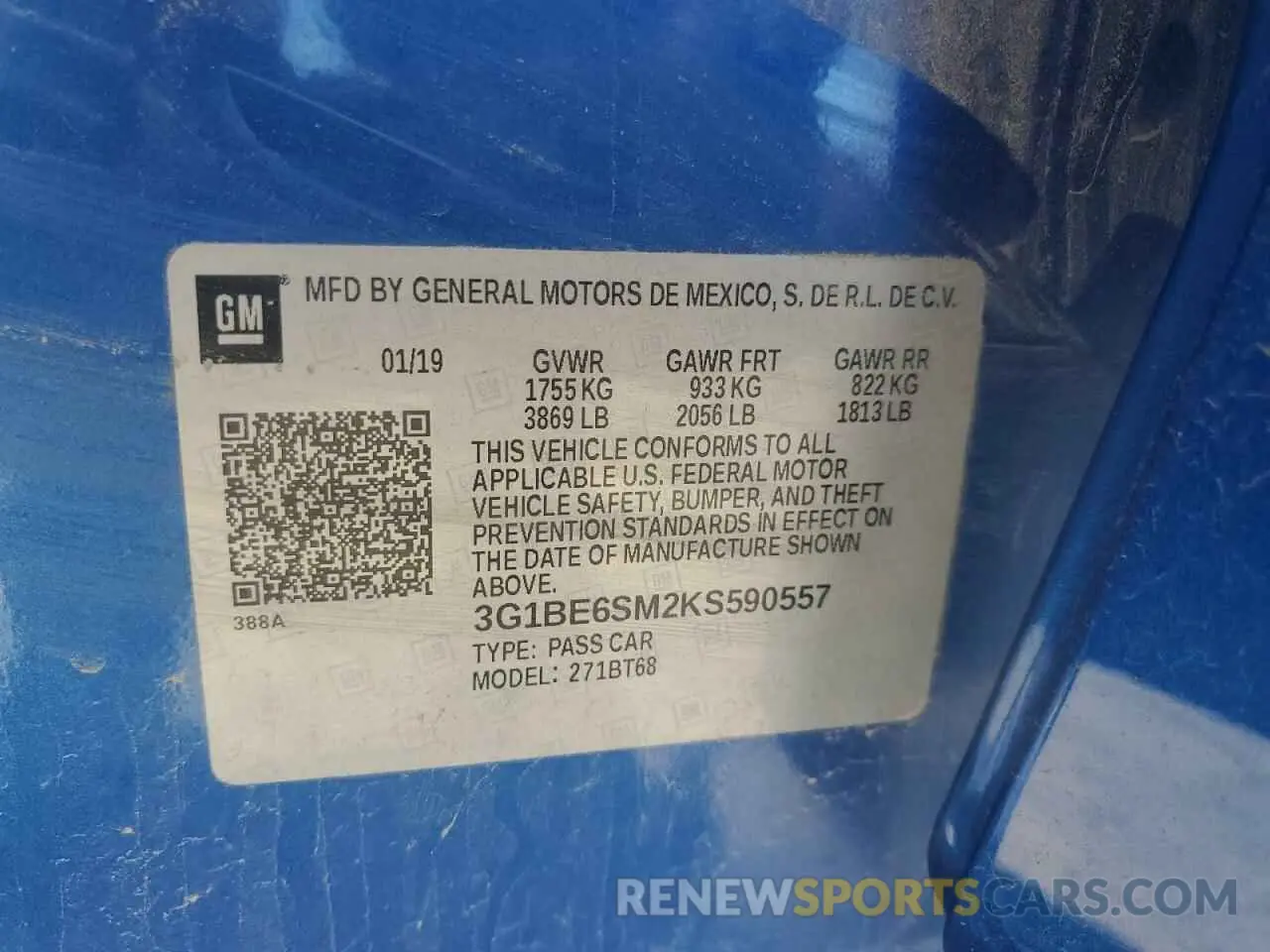 13 Photograph of a damaged car 3G1BE6SM2KS590557 CHEVROLET CRUZE 2019