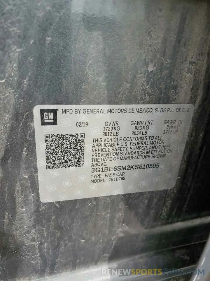 12 Photograph of a damaged car 3G1BE6SM2KS610595 CHEVROLET CRUZE 2019