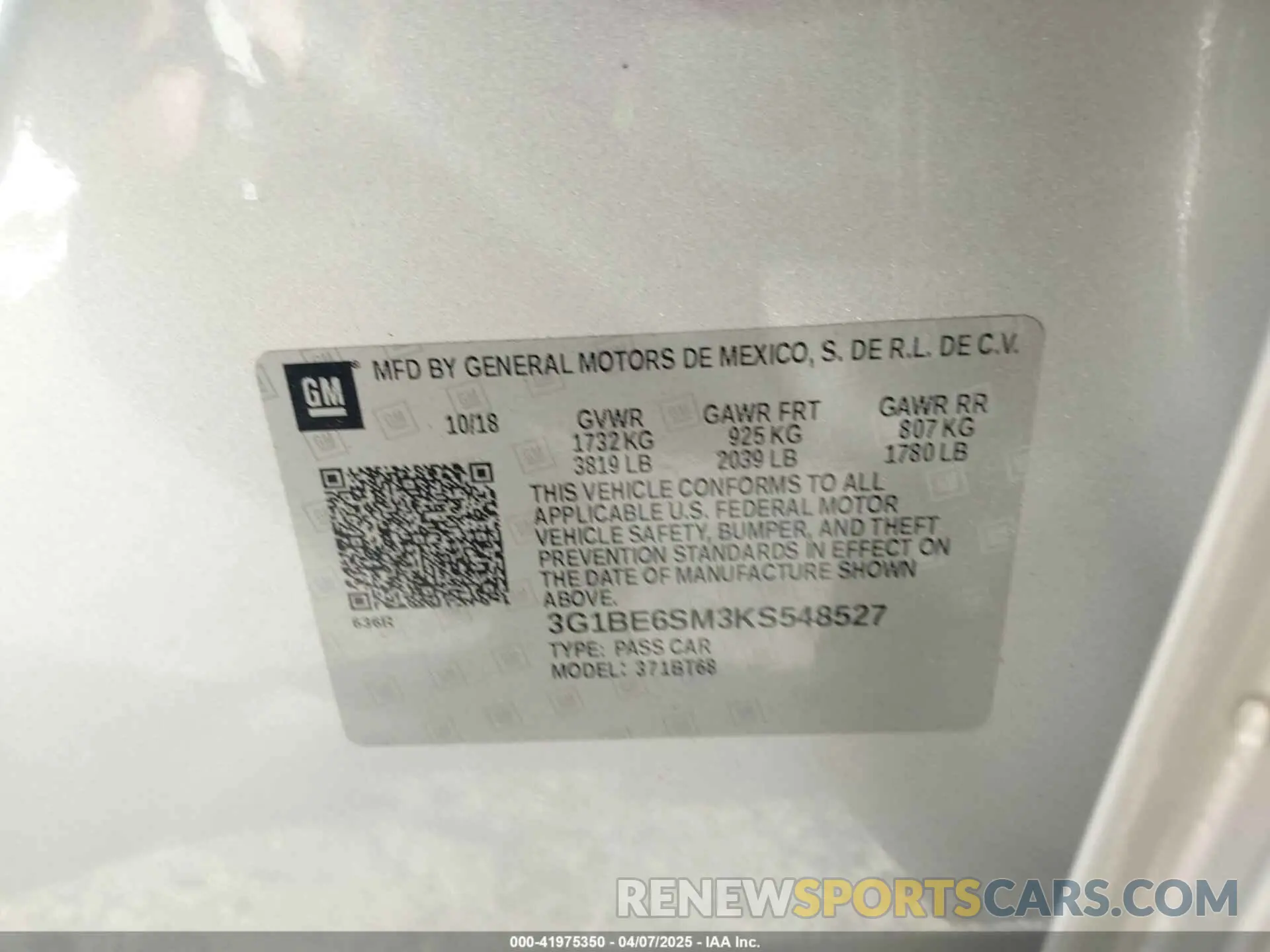9 Photograph of a damaged car 3G1BE6SM3KS548527 CHEVROLET CRUZE 2019
