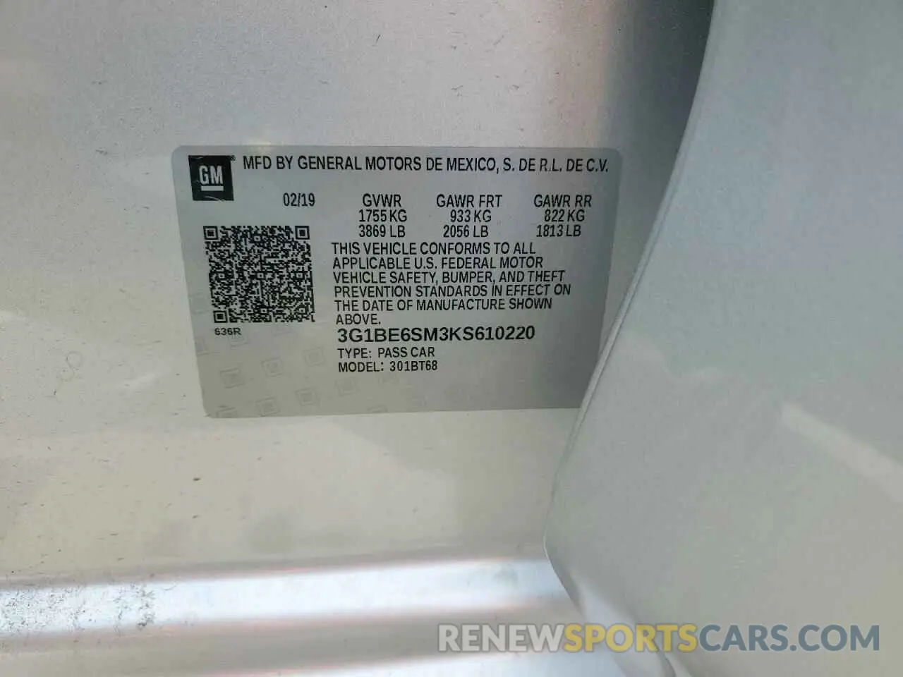 12 Photograph of a damaged car 3G1BE6SM3KS610220 CHEVROLET CRUZE 2019