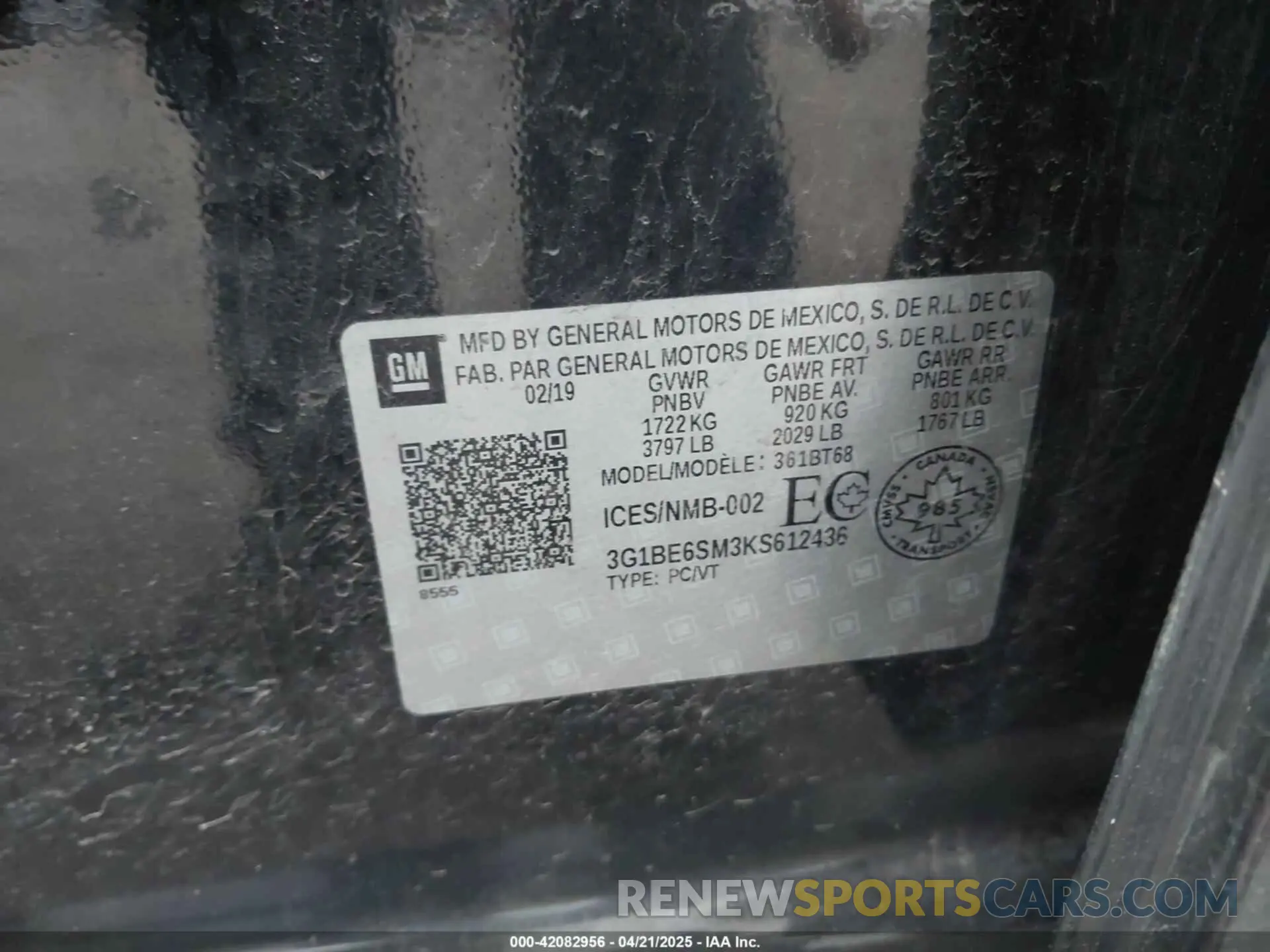 9 Photograph of a damaged car 3G1BE6SM3KS612436 CHEVROLET CRUZE 2019