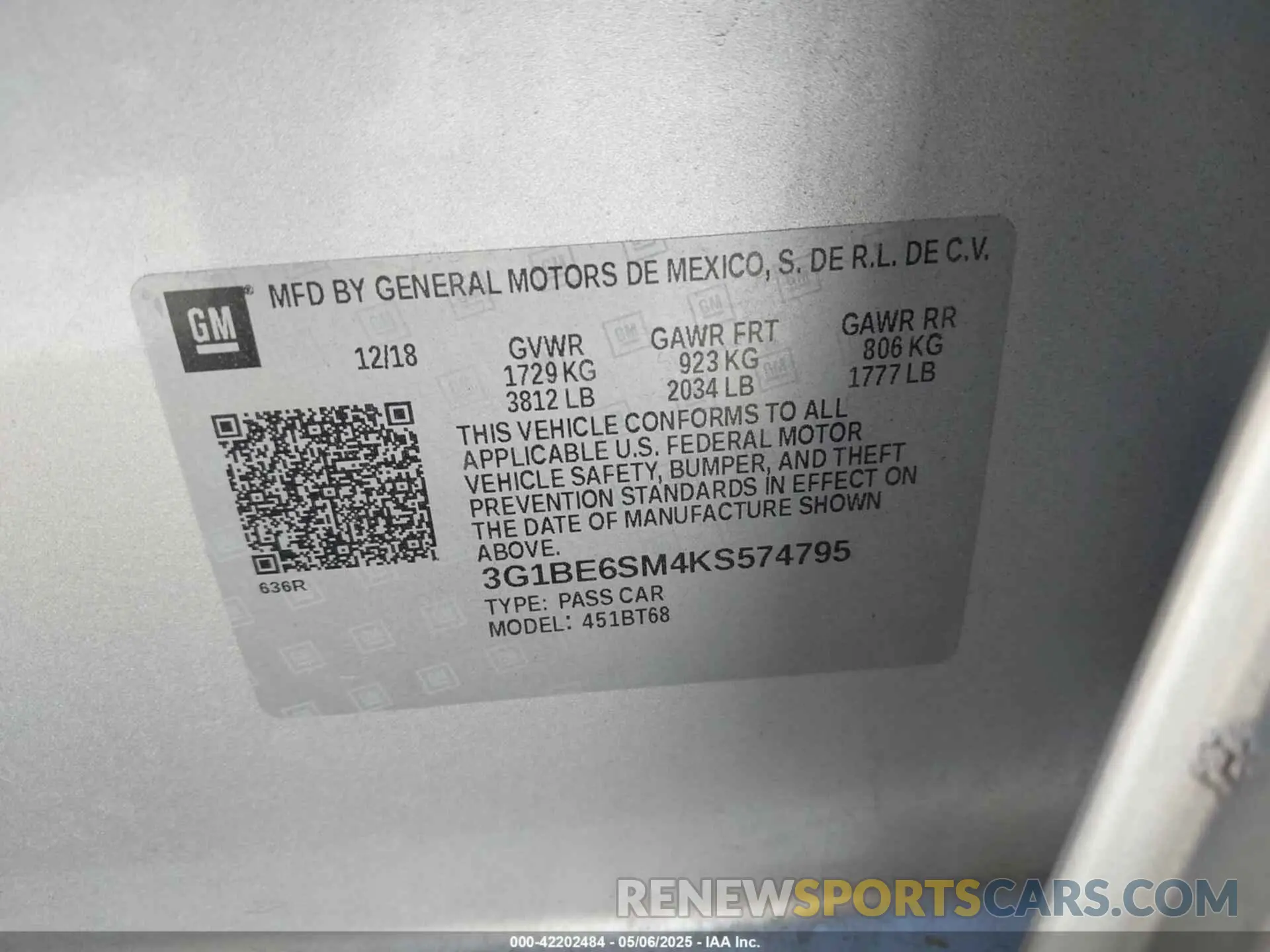 9 Photograph of a damaged car 3G1BE6SM4Ks574795 CHEVROLET CRUZE 2019