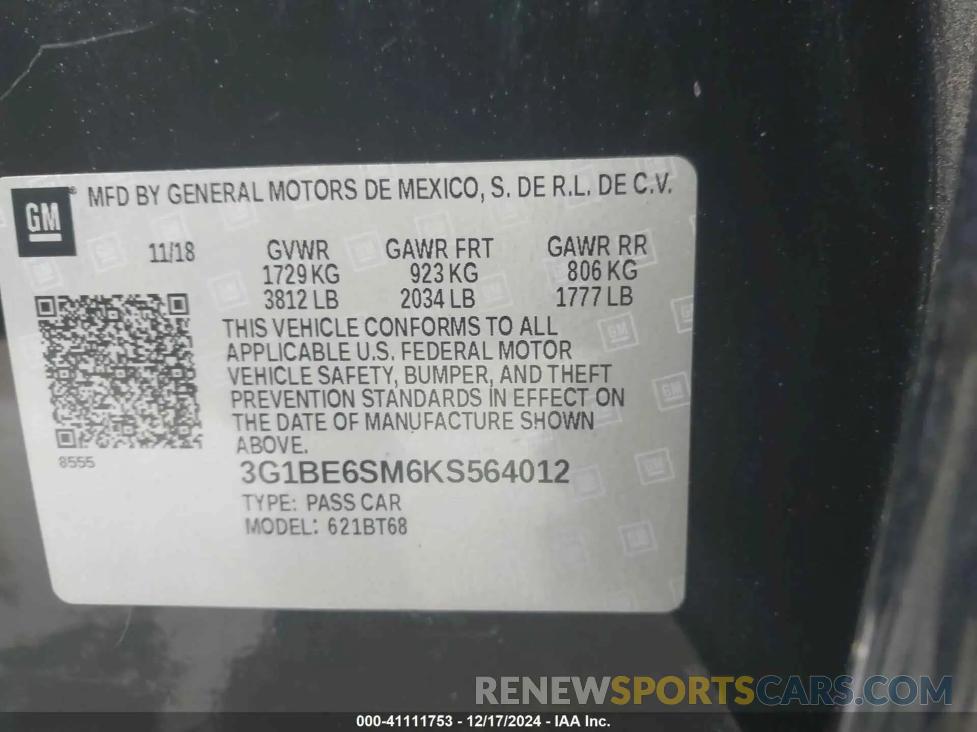 9 Photograph of a damaged car 3G1BE6SM6KS564012 CHEVROLET CRUZE 2019