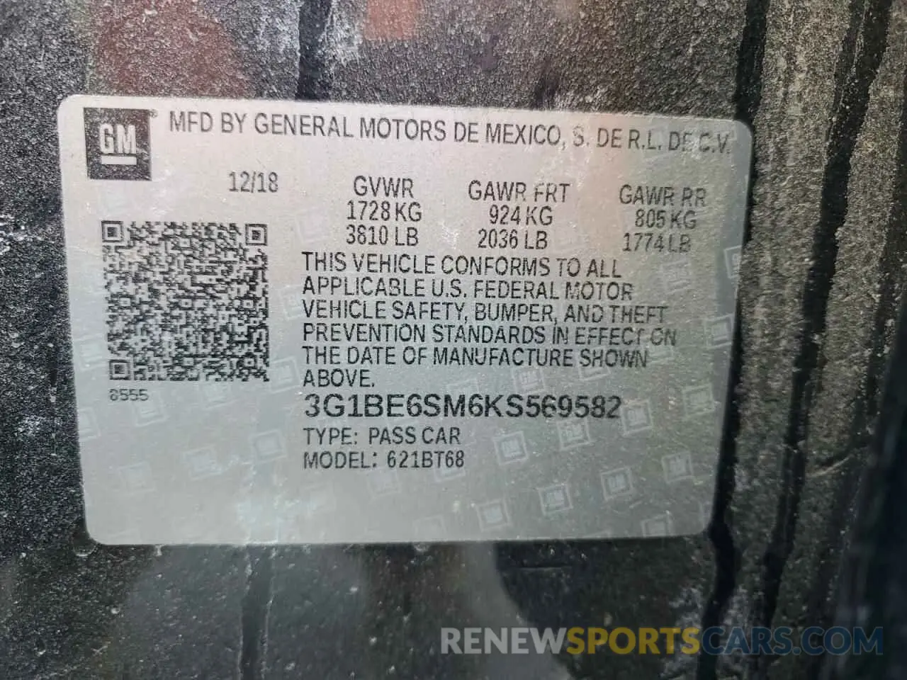 13 Photograph of a damaged car 3G1BE6SM6KS569582 CHEVROLET CRUZE 2019