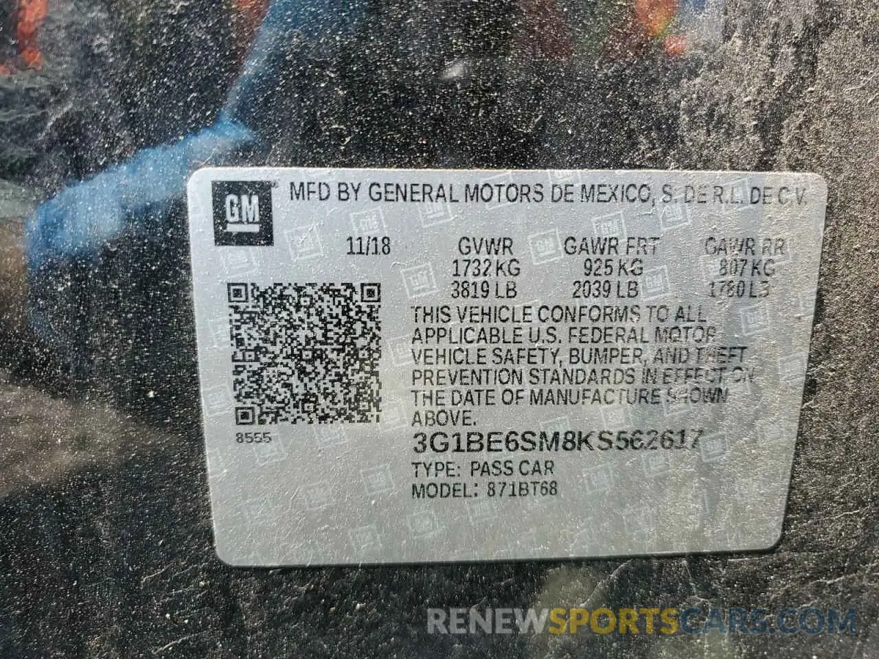 12 Photograph of a damaged car 3G1BE6SM8KS562617 CHEVROLET CRUZE 2019