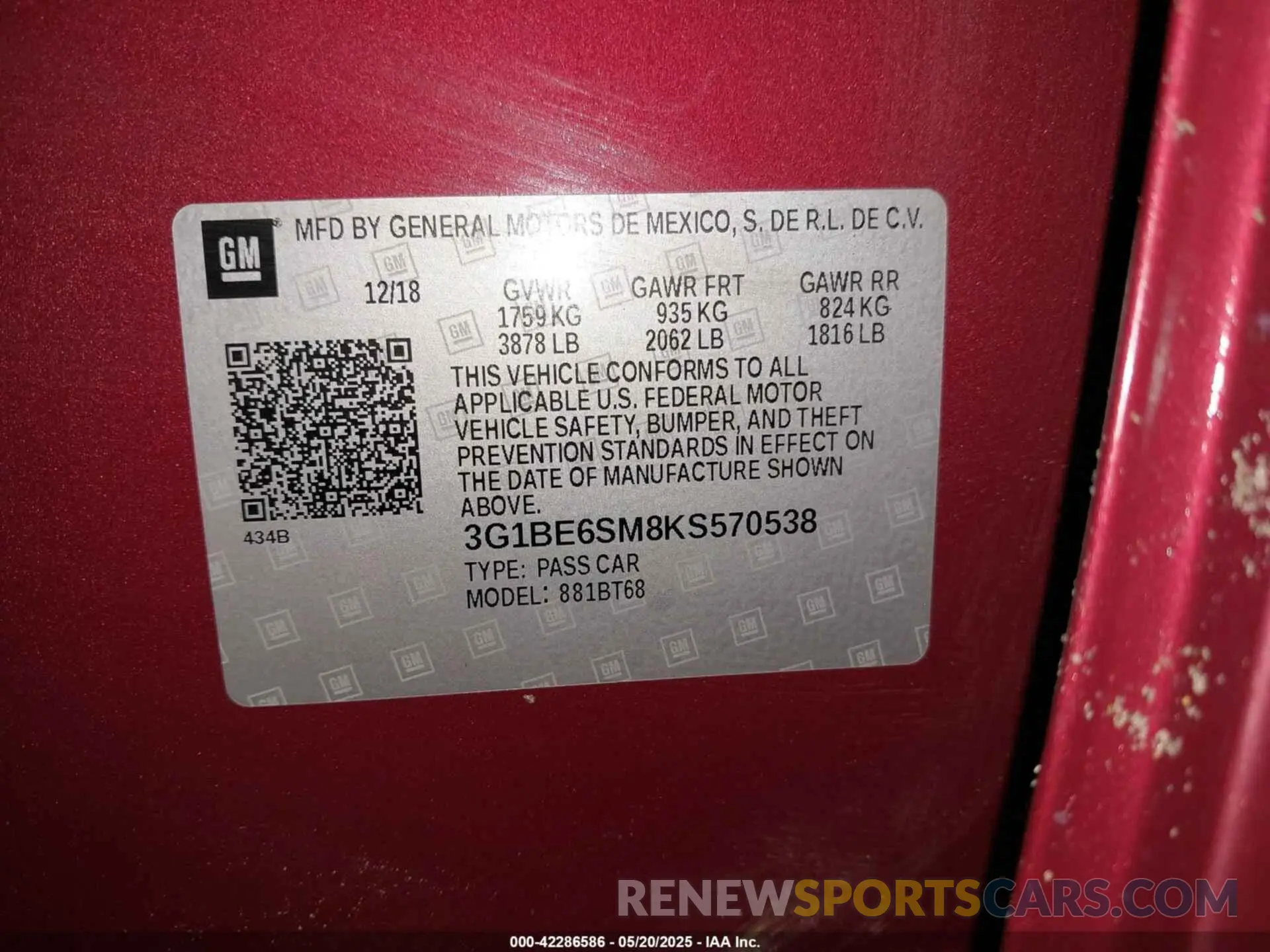 9 Photograph of a damaged car 3G1BE6SM8KS570538 CHEVROLET CRUZE 2019