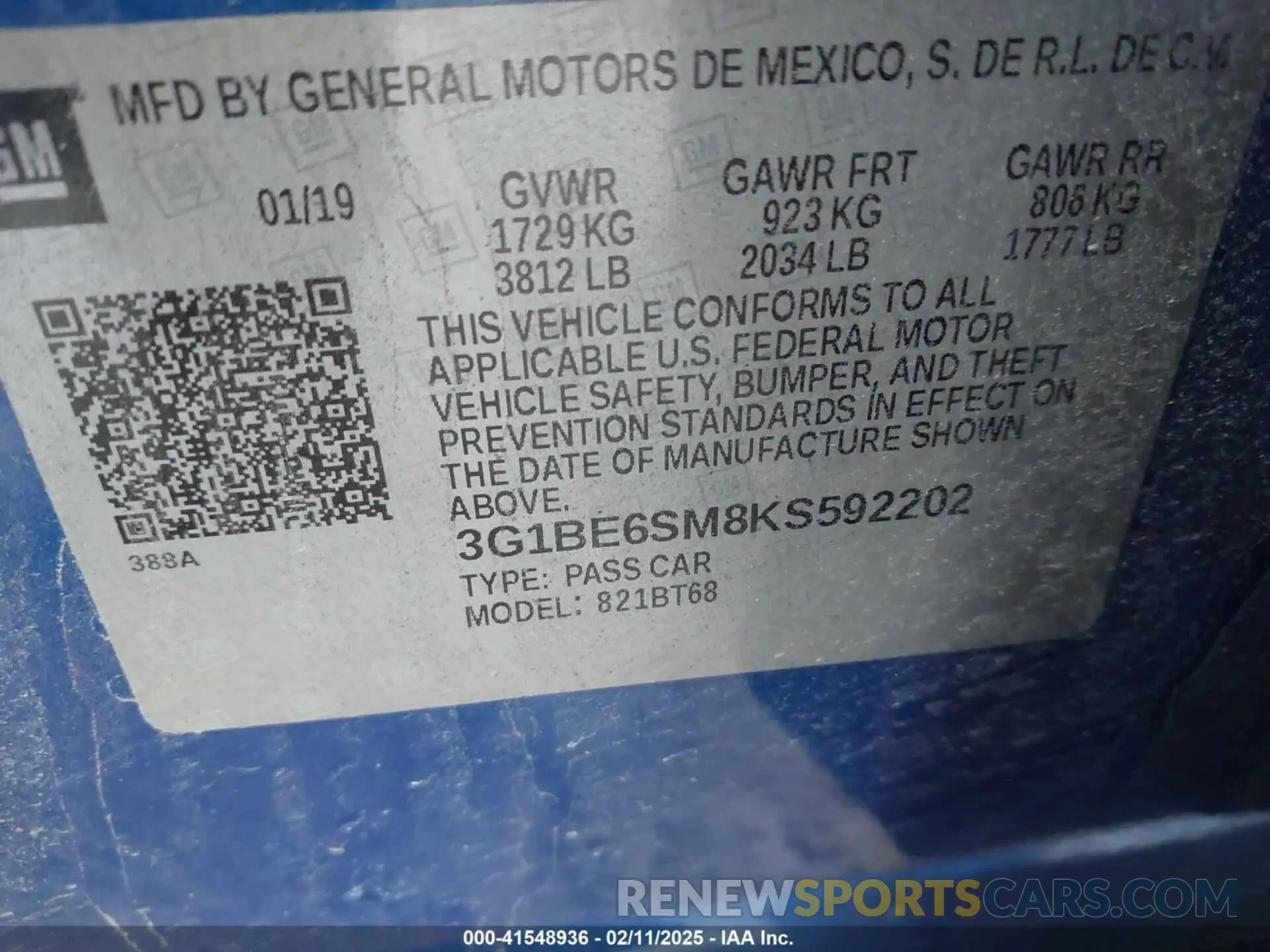 9 Photograph of a damaged car 3G1BE6SM8KS592202 CHEVROLET CRUZE 2019