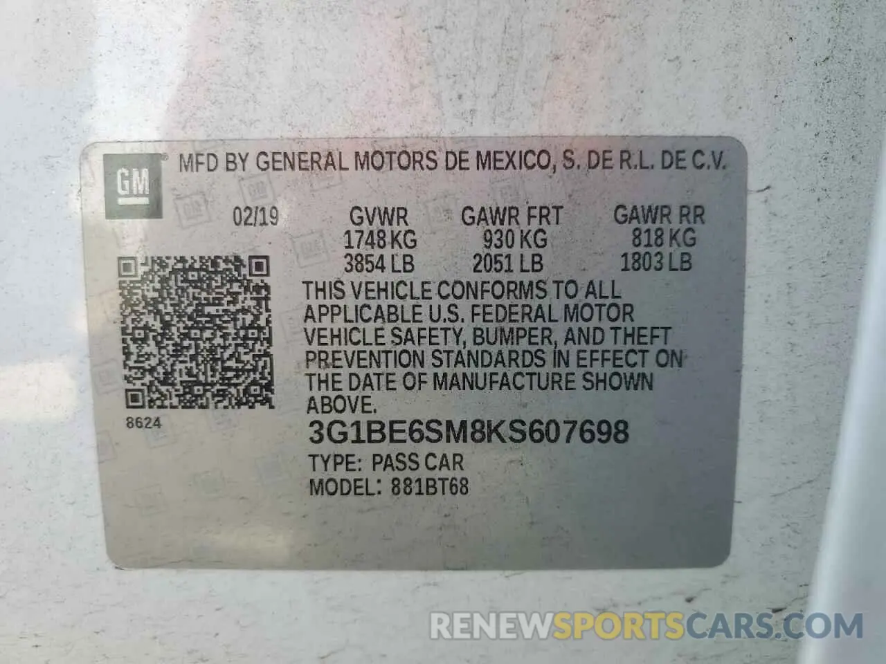 12 Photograph of a damaged car 3G1BE6SM8KS607698 CHEVROLET CRUZE 2019